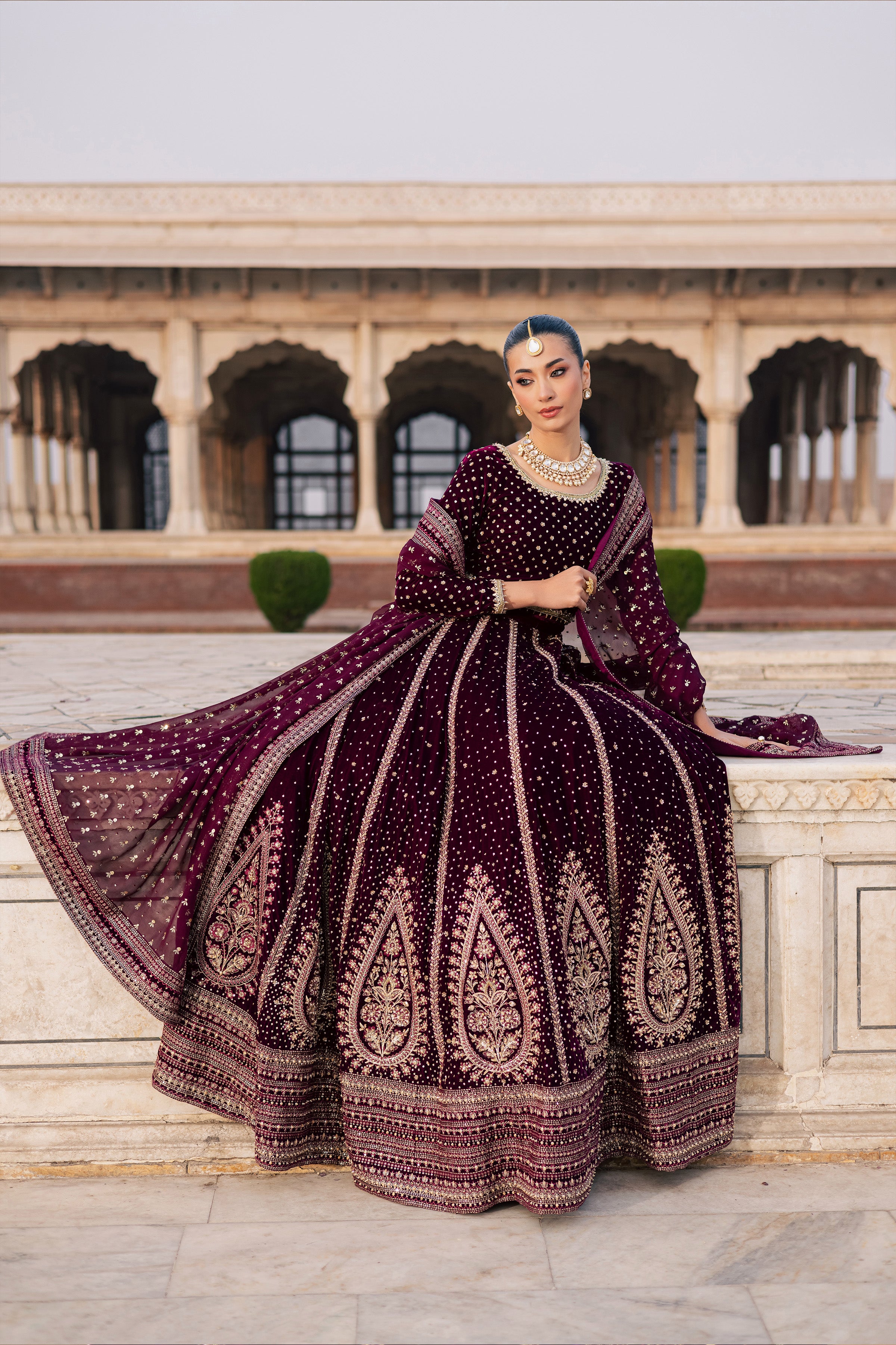 Aroos e Laal 3Pc - Bridal Dress BATIKSTUDIO2025 BATIK S / Maroon / Velvet-M / Maroon / Velvet-L / Maroon / Velvet