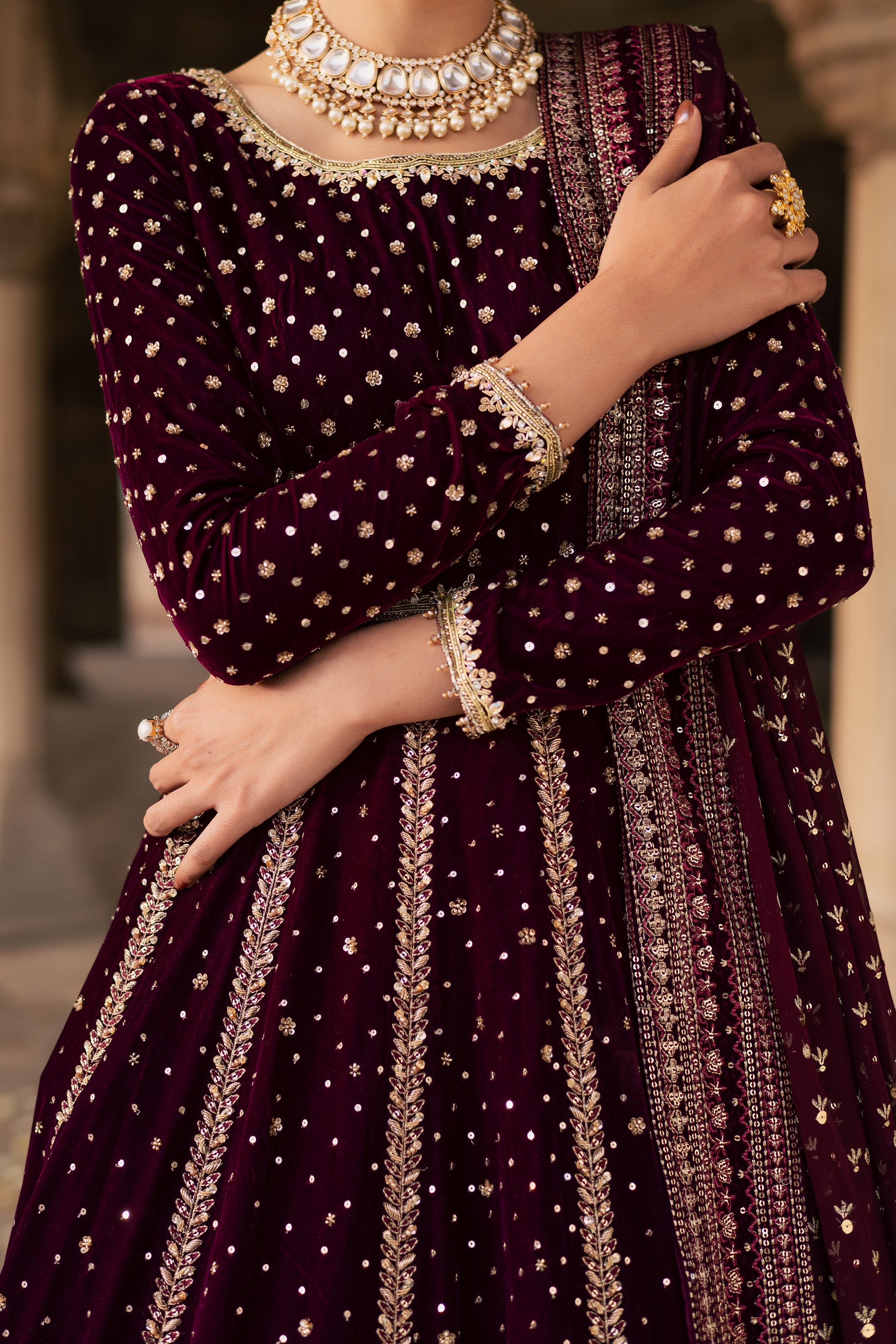 Aroos e Laal 3Pc - Bridal Dress BATIKSTUDIO2025 BATIK S / Maroon / Velvet-M / Maroon / Velvet-L / Maroon / Velvet