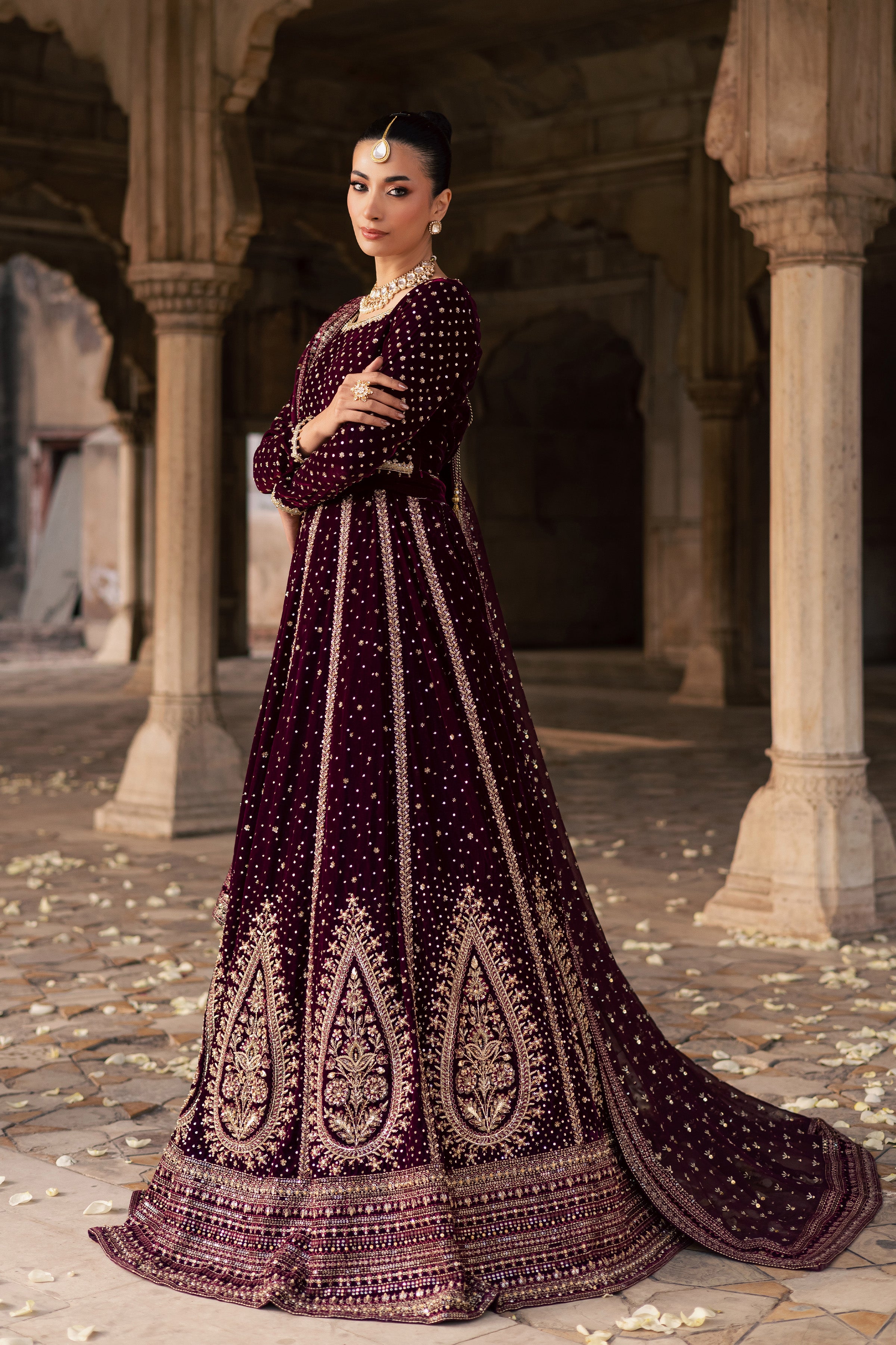Aroos e Laal 3Pc - Bridal Dress BATIKSTUDIO2025 BATIK S / Maroon / Velvet-M / Maroon / Velvet-L / Maroon / Velvet