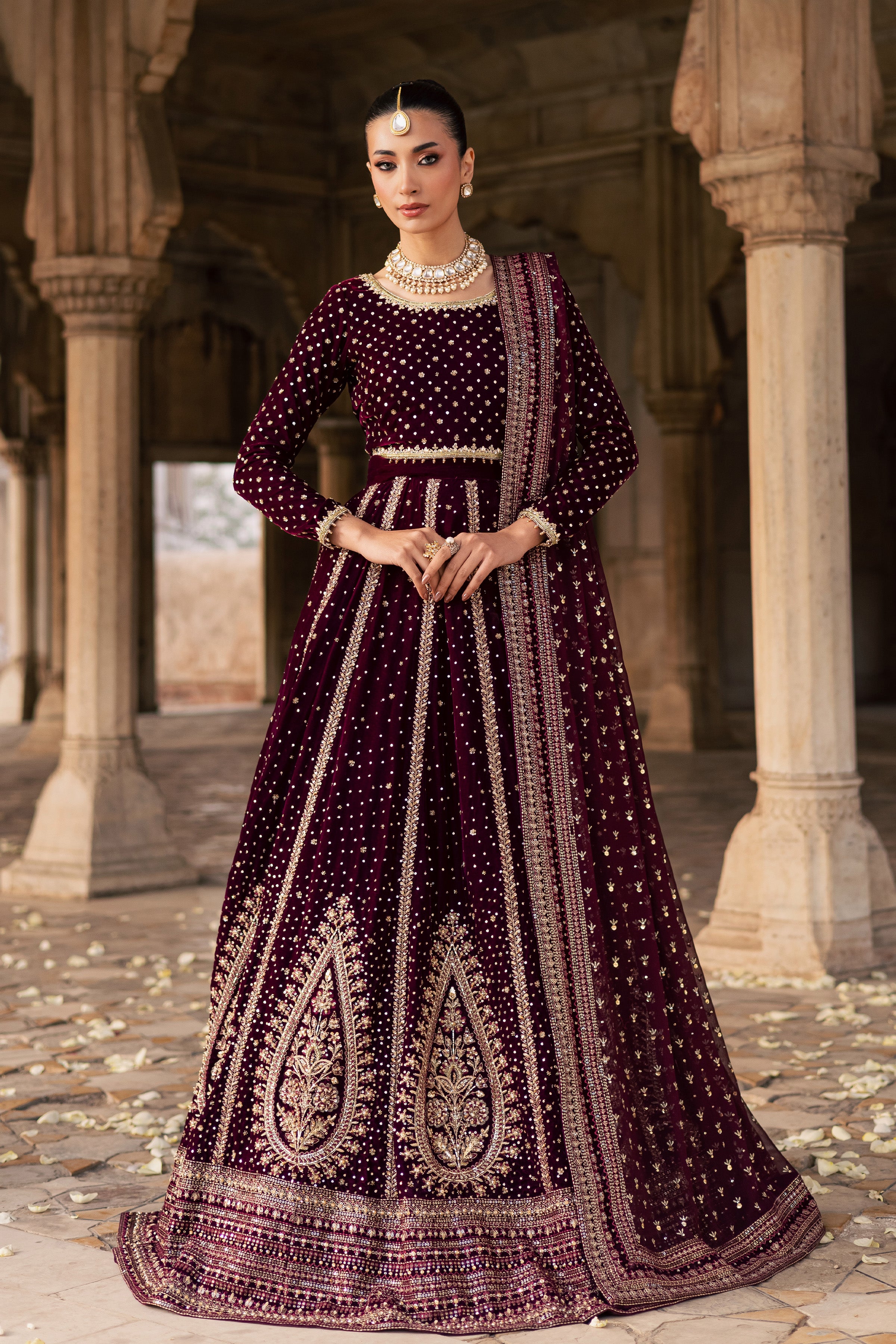 Aroos e Laal 3Pc - Bridal Dress BATIKSTUDIO2025 BATIK S / Maroon / Velvet-M / Maroon / Velvet-L / Maroon / Velvet
