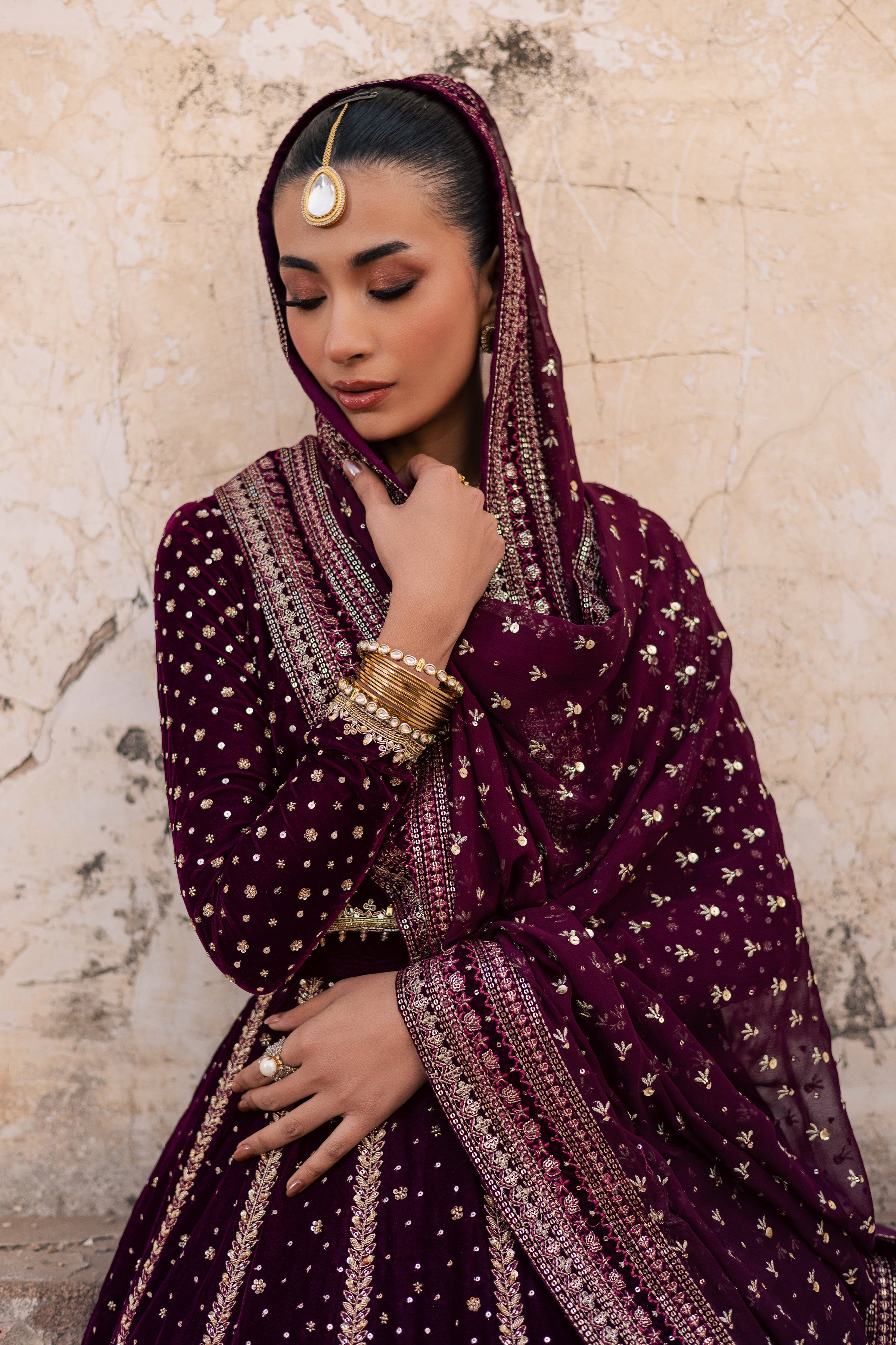Aroos e Laal 3Pc - Bridal Dress BATIKSTUDIO2025 BATIK S / Maroon / Velvet-M / Maroon / Velvet-L / Maroon / Velvet