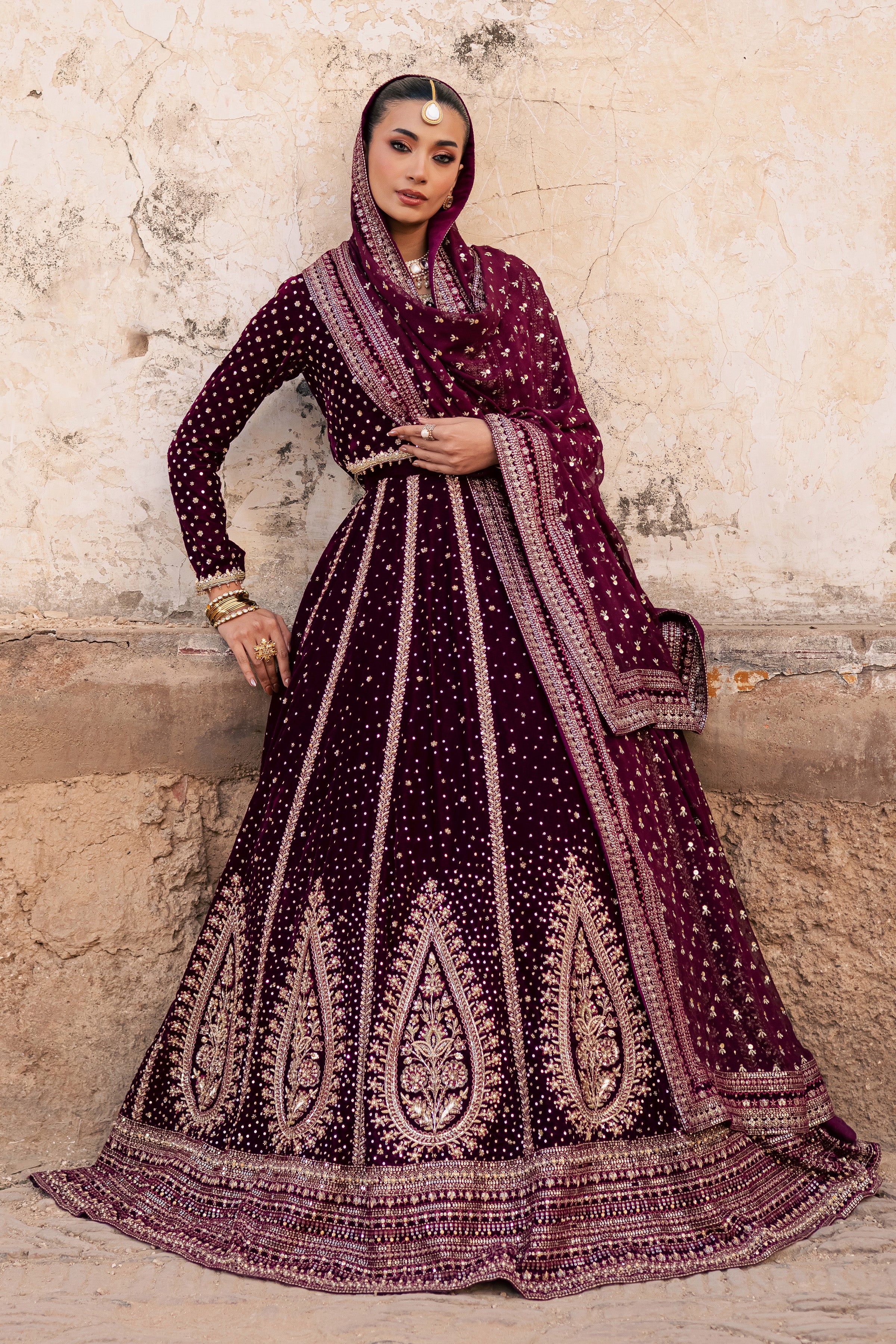 Aroos e Laal 3Pc - Bridal Dress BATIKSTUDIO2025 BATIK S / Maroon / Velvet-M / Maroon / Velvet-L / Maroon / Velvet