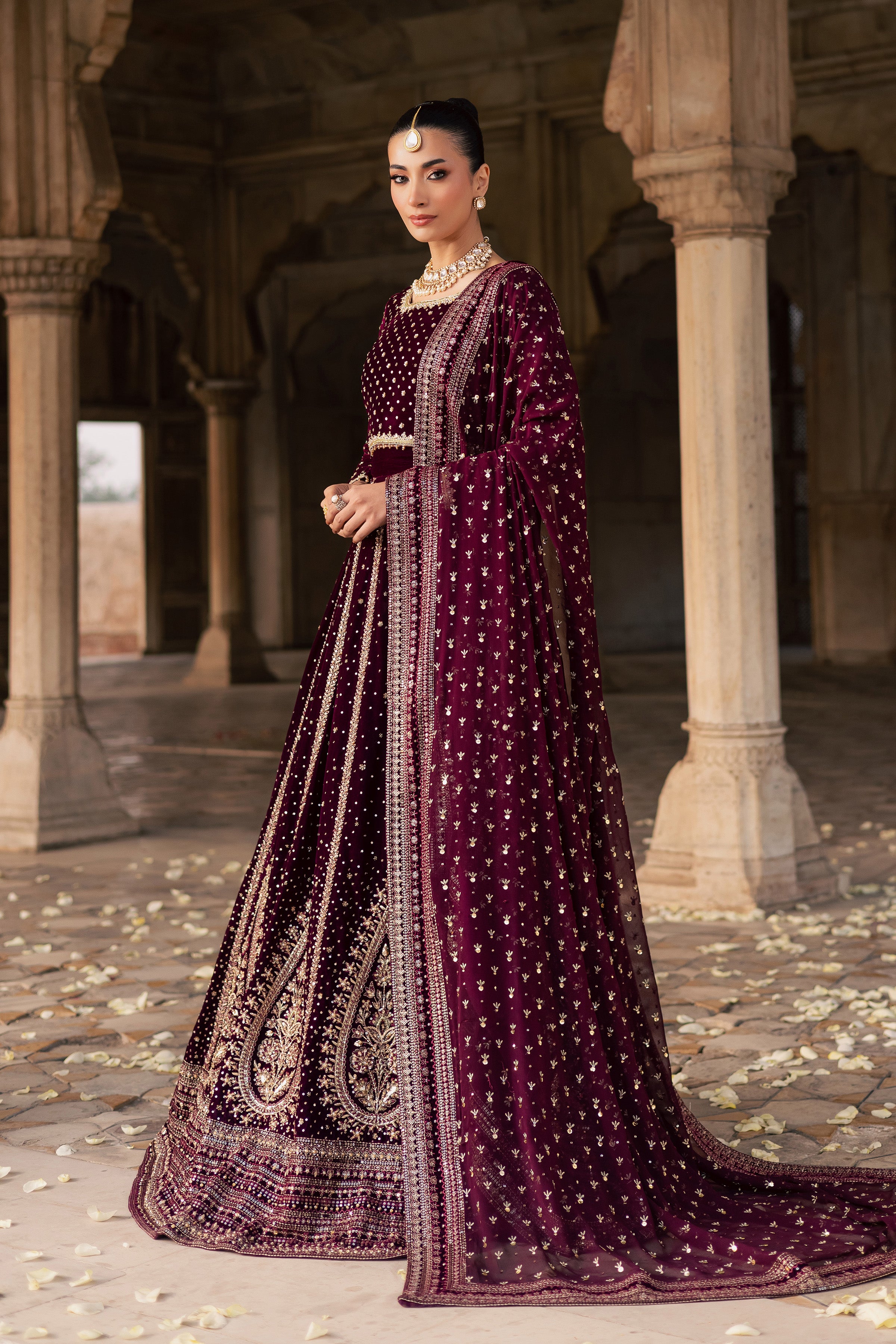 Aroos e Laal 3Pc - Bridal Dress BATIKSTUDIO2025 BATIK S / Maroon / Velvet-M / Maroon / Velvet-L / Maroon / Velvet