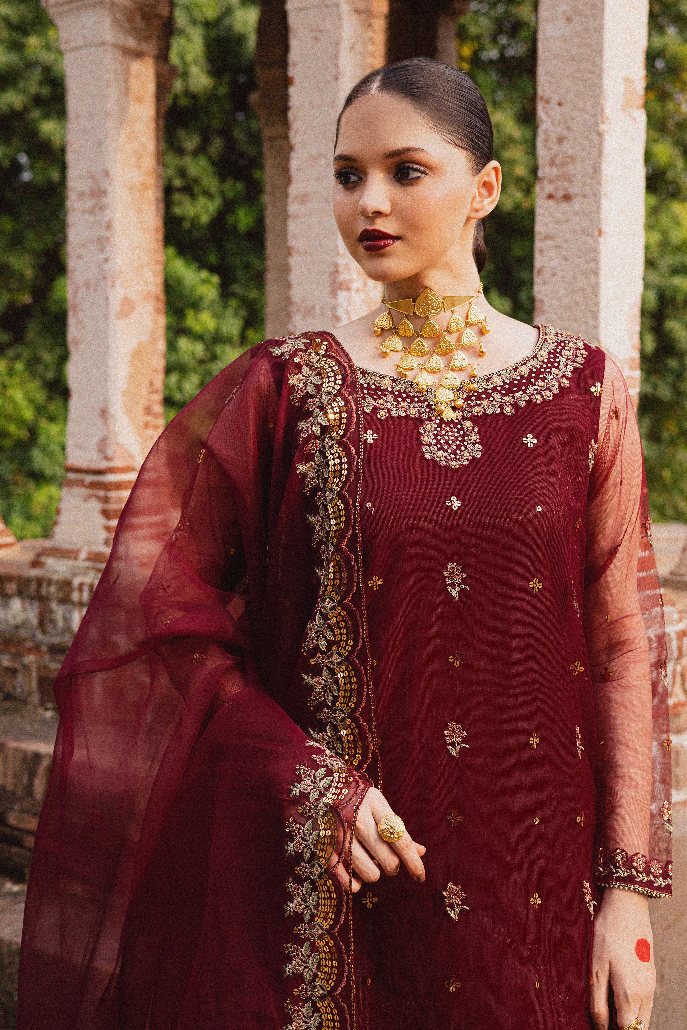 Beya 3Pc - Festive Luxe Pret BATIKSTUDIO2025 BATIK S / Maroon / Net & Raw Silk-M / Maroon / Net & Raw Silk-L / Maroon / Net & Raw Silk