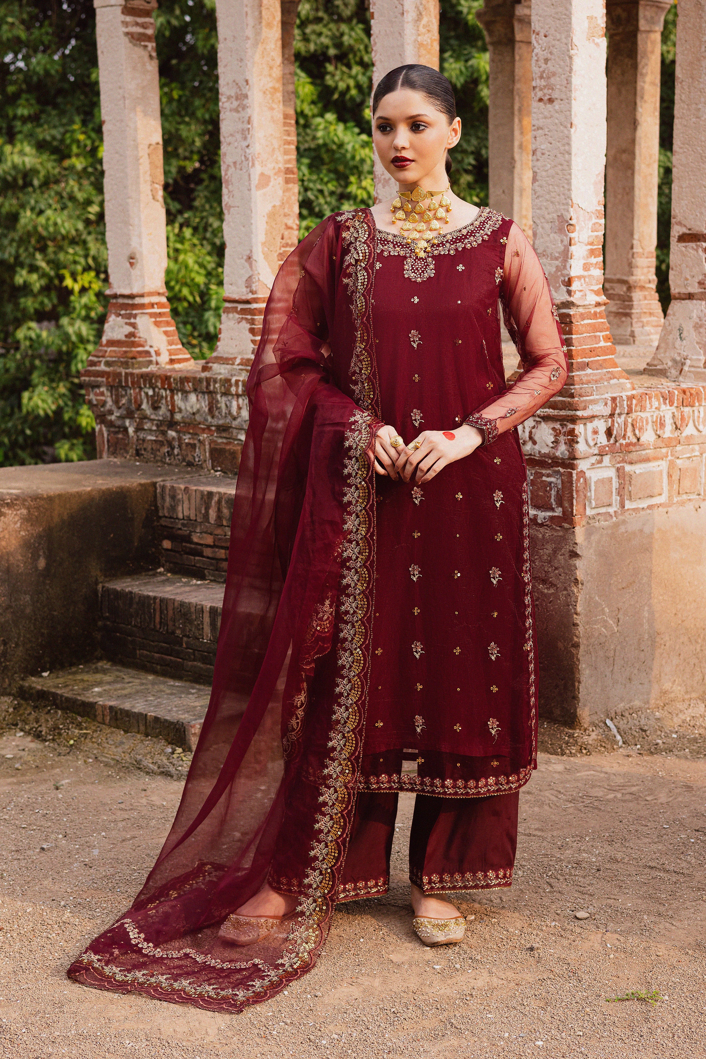 Beya 3Pc - Festive Luxe Pret BATIKSTUDIO2025 BATIK S / Maroon / Net & Raw Silk-M / Maroon / Net & Raw Silk-L / Maroon / Net & Raw Silk