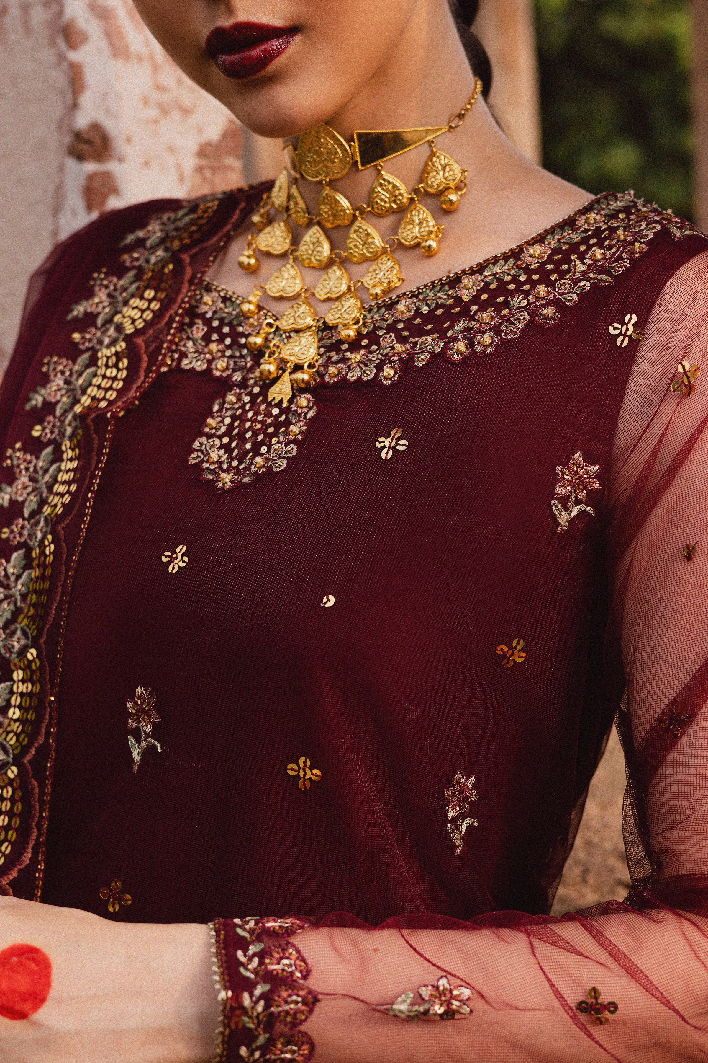 Beya 3Pc - Festive Luxe Pret BATIKSTUDIO2025 BATIK S / Maroon / Net & Raw Silk-M / Maroon / Net & Raw Silk-L / Maroon / Net & Raw Silk