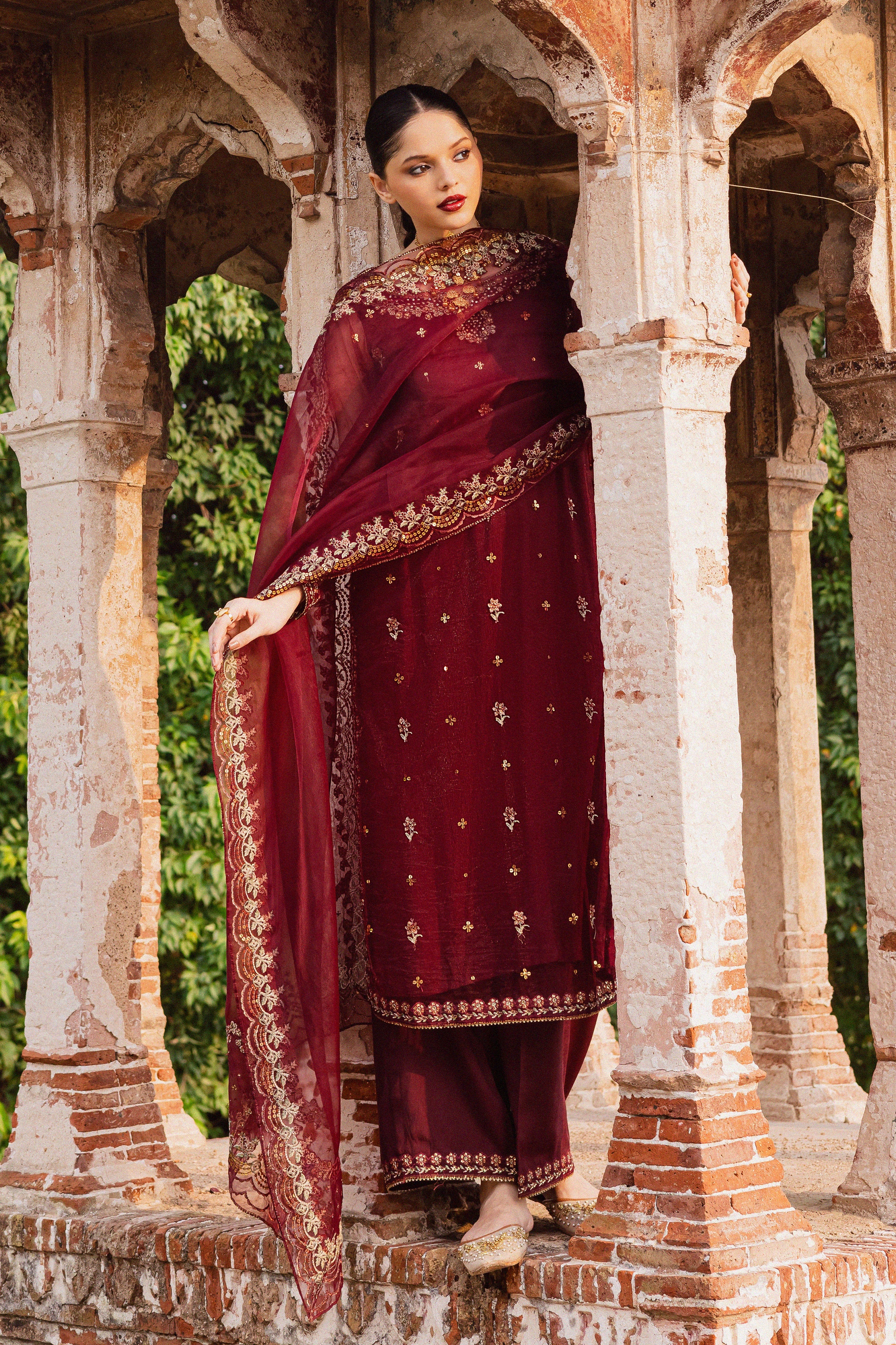 Beya 3Pc - Festive Luxe Pret BATIKSTUDIO2025 BATIK S / Maroon / Net & Raw Silk-M / Maroon / Net & Raw Silk-L / Maroon / Net & Raw Silk