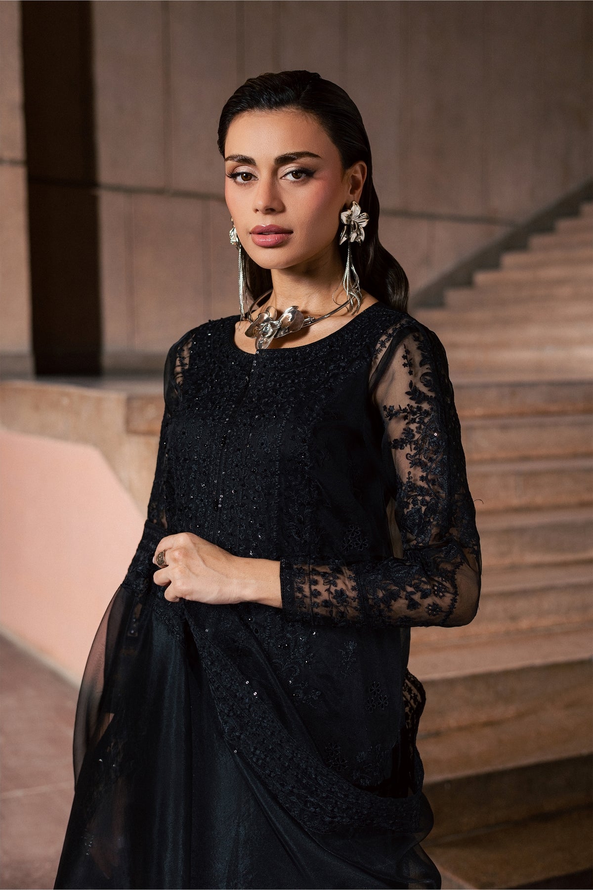 Black Black 3Pc - Festive Luxe Pret BATIKLUXESEP26 BATIK XS / Black / Organza