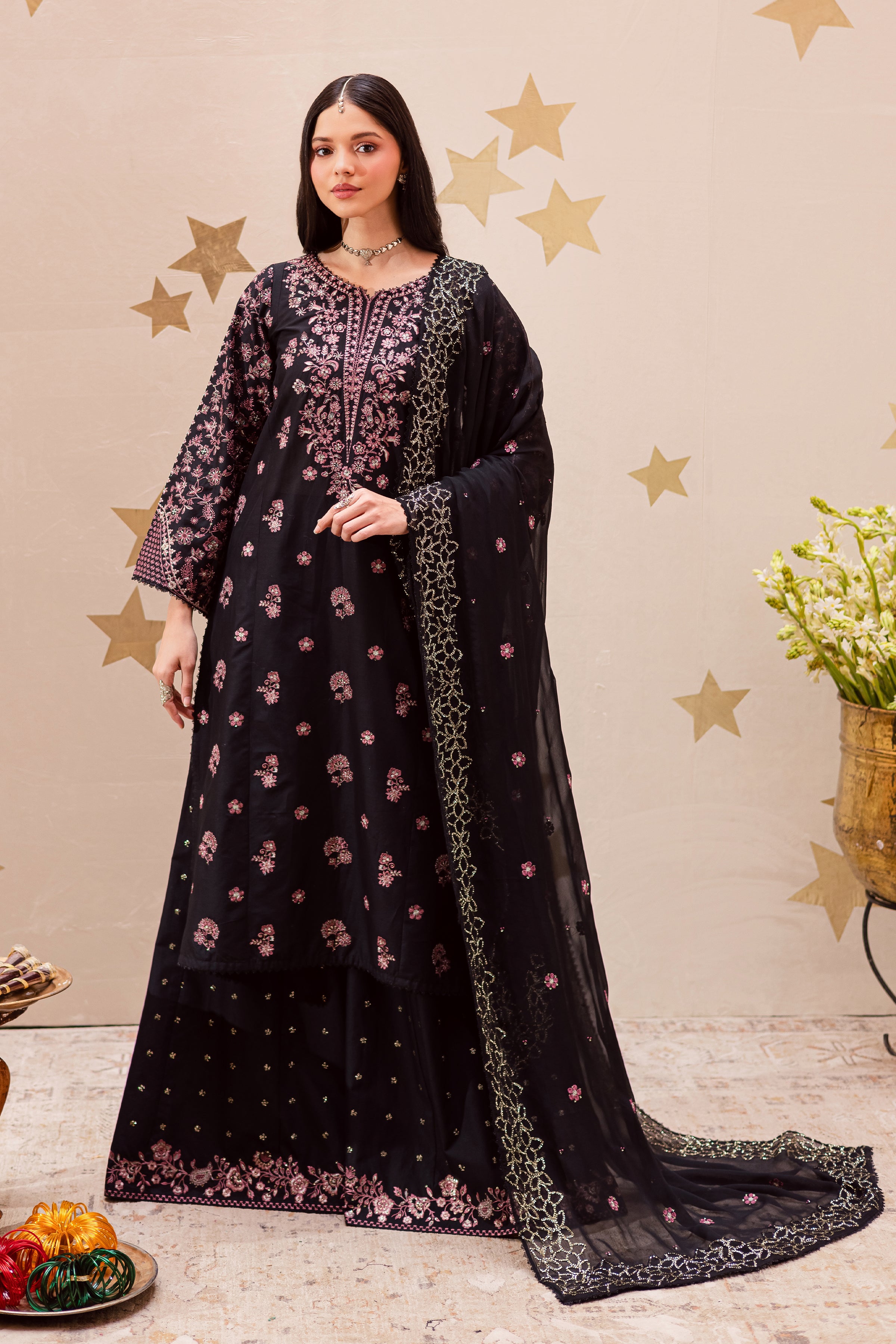 Black Sakura 3Pc - Festive Embroidered Lawn BATIKEID2026 BATIK XS / Black / Pima Lawn-S / Black / Pima Lawn-M / Black / Pima Lawn-L / Black / Pima Lawn-XL / Black / Pima Lawn