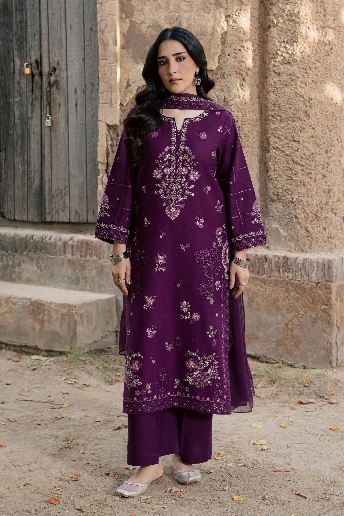 Candle 3Pc - Embroidered Khaddar Pret PRETKHADDAR2026 BATIK XS / Dark purple / Khaddar