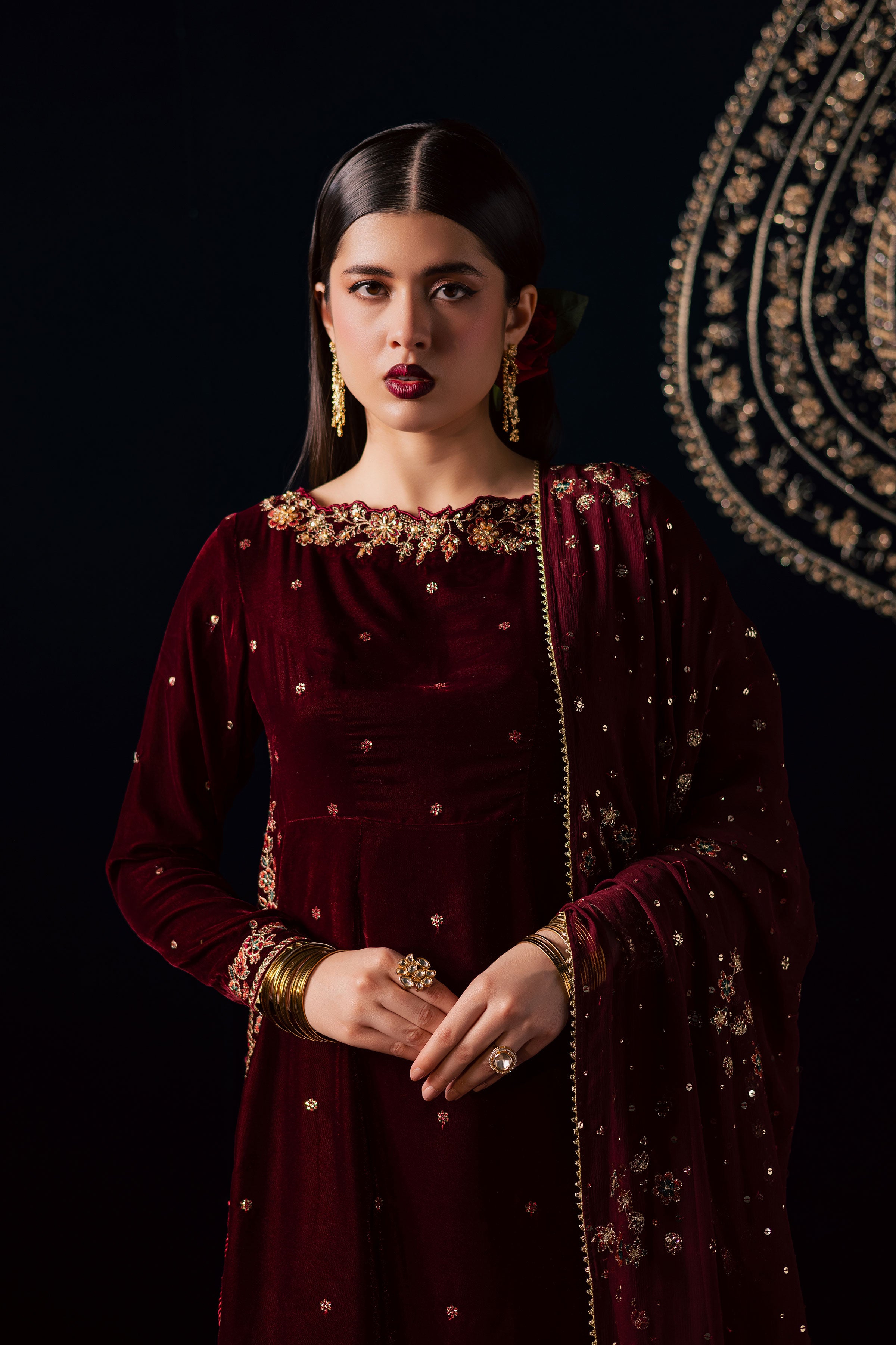 Capricorn 3Pc - Velvet Luxe Pret BATIKLuxePRET2025 BATIK XS / Maroon / Velvet-S / Maroon / Velvet-M / Maroon / Velvet-L / Maroon / Velvet-XL / Maroon / Velvet