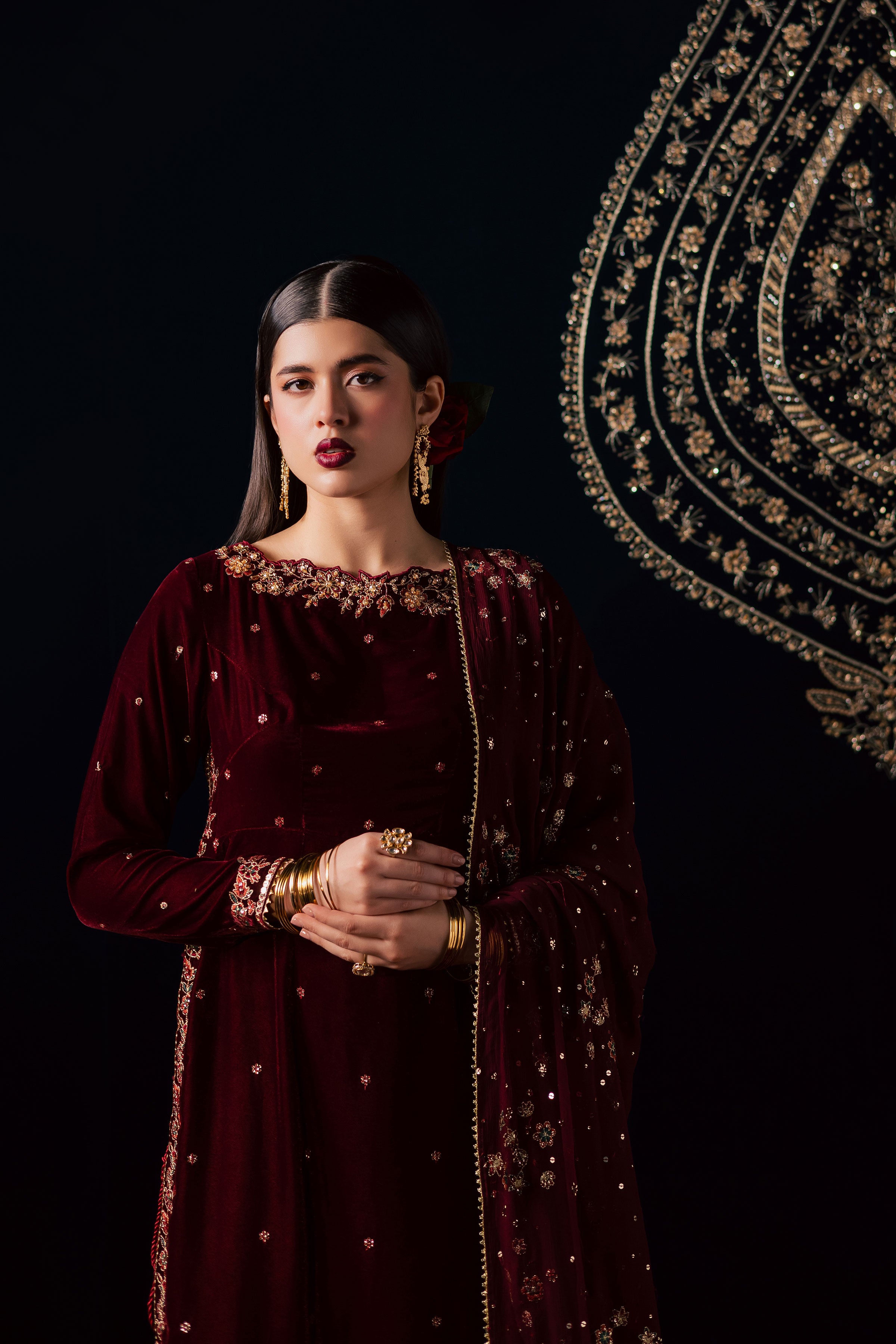 Capricorn 3Pc - Velvet Luxe Pret BATIKLuxePRET2025 BATIK XS / Maroon / Velvet-S / Maroon / Velvet-M / Maroon / Velvet-L / Maroon / Velvet-XL / Maroon / Velvet