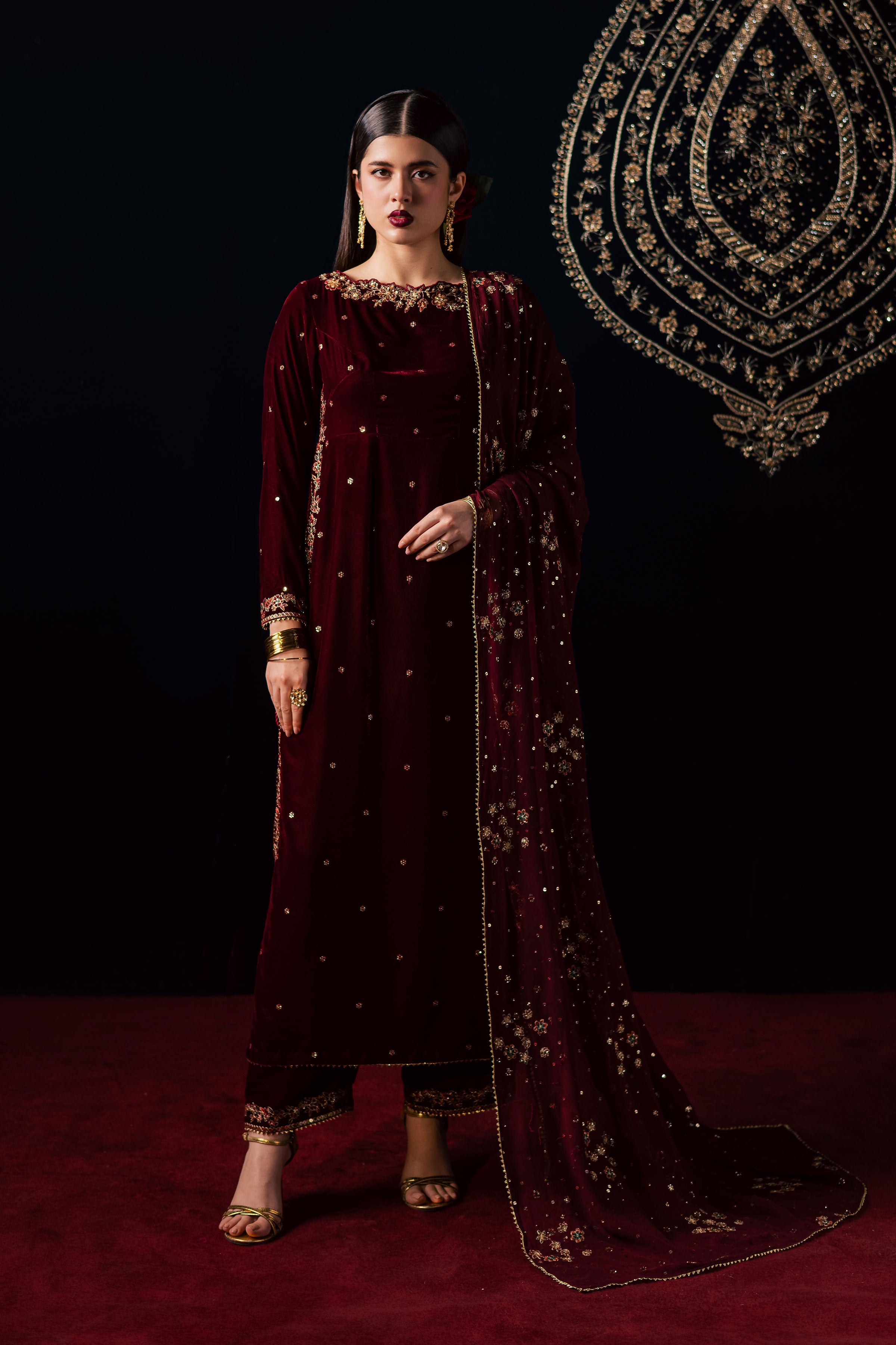 Capricorn 3Pc - Velvet Luxe Pret BATIKLuxePRET2025 BATIK XS / Maroon / Velvet-S / Maroon / Velvet-M / Maroon / Velvet-L / Maroon / Velvet-XL / Maroon / Velvet