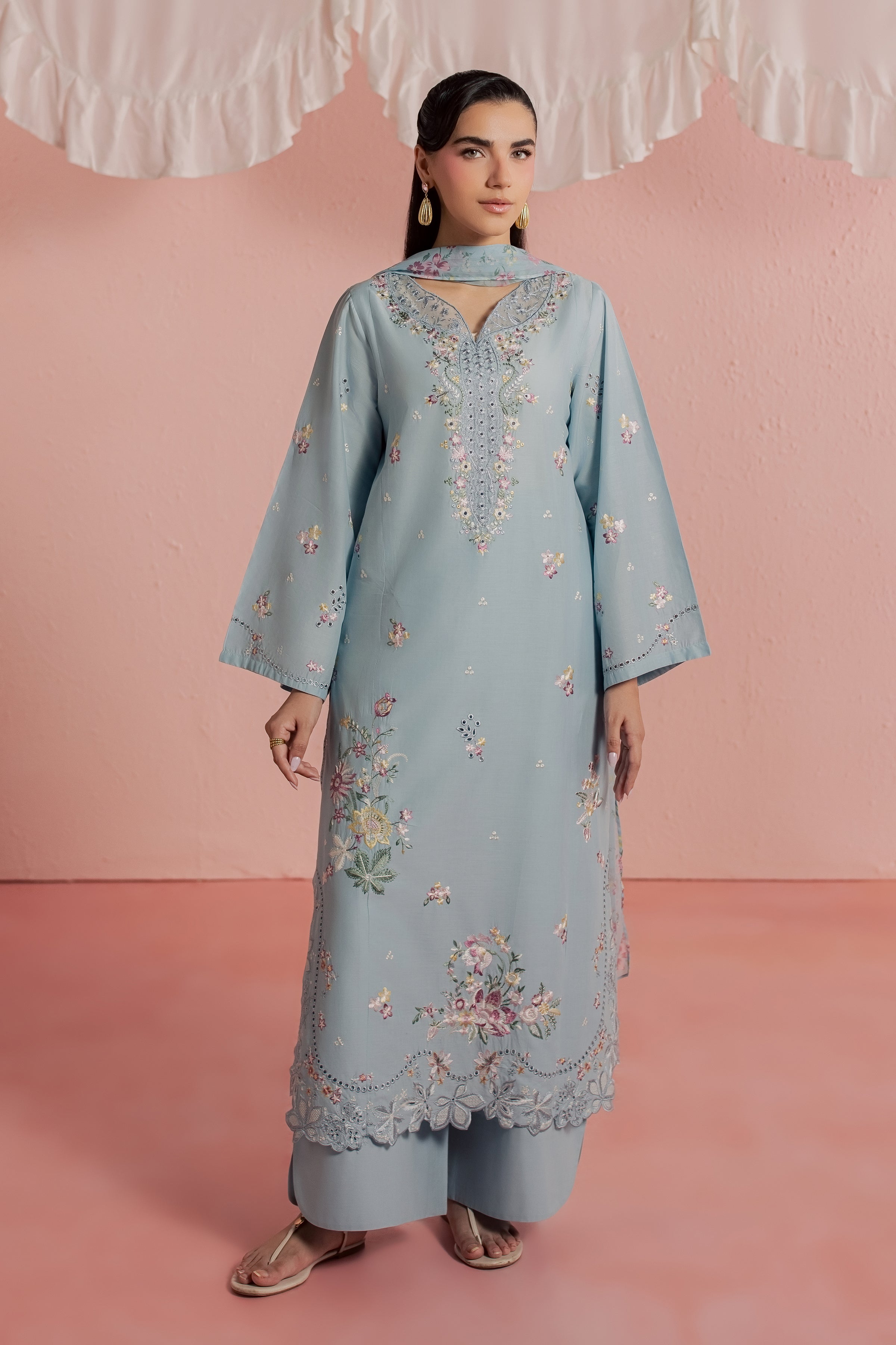 CloudPie 3Pc - Embroidered Lawn Dress BATIKSS26 BATIK XS / Sky blue / Pima Lawn-S / Sky blue / Pima Lawn-M / Sky blue / Pima Lawn-L / Sky blue / Pima Lawn-XL / Sky blue / Pima Lawn