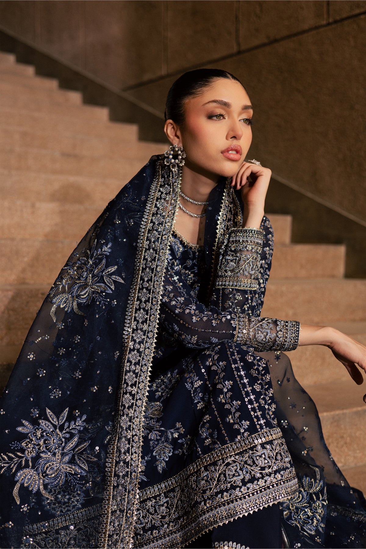 Copper 3Pc - Festive Luxe Pret BATIKLUXOCT26 BATIK XS / Dark Navy / Crepe Chiffon