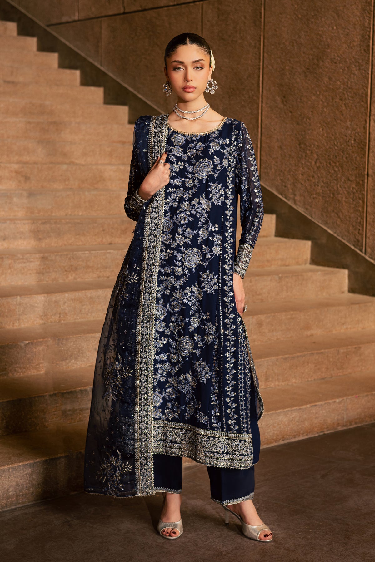 Copper 3Pc - Festive Luxe Pret BATIKLUXOCT26 BATIK XS / Dark Navy / Crepe Chiffon