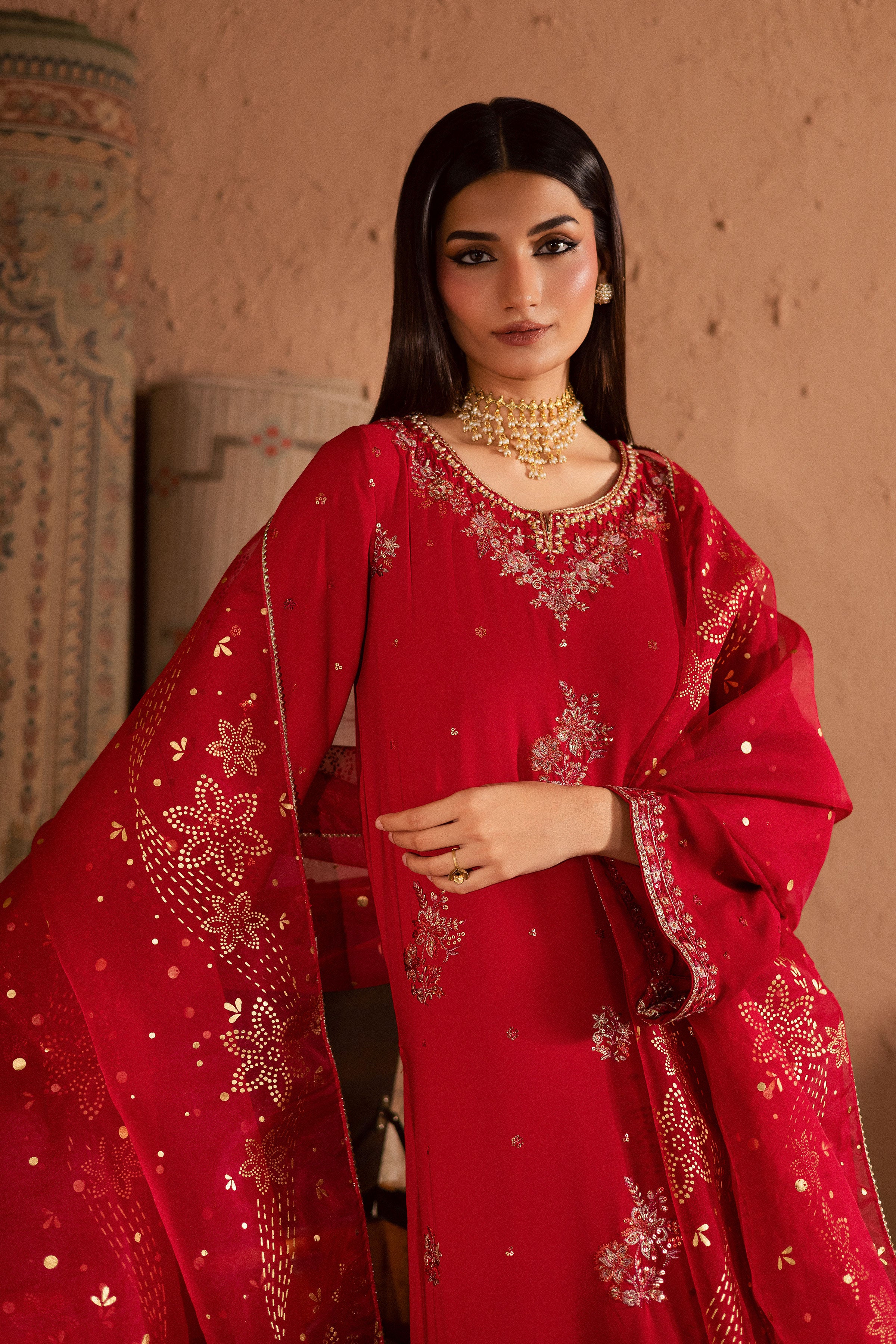 Corly 3Pc- Festive Luxe Pret BATIKSTUDIO2025 BATIK S / Red / Georgette-M / Red / Georgette-L / Red / Georgette