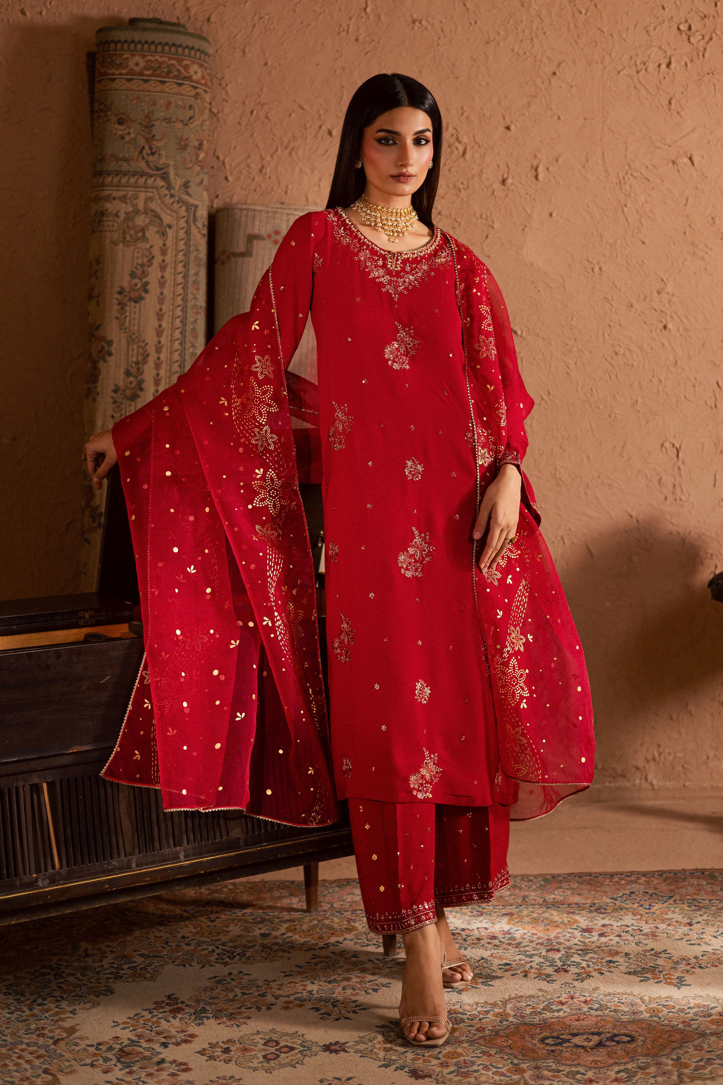Corly 3Pc- Festive Luxe Pret BATIKSTUDIO2025 BATIK S / Red / Georgette-M / Red / Georgette-L / Red / Georgette