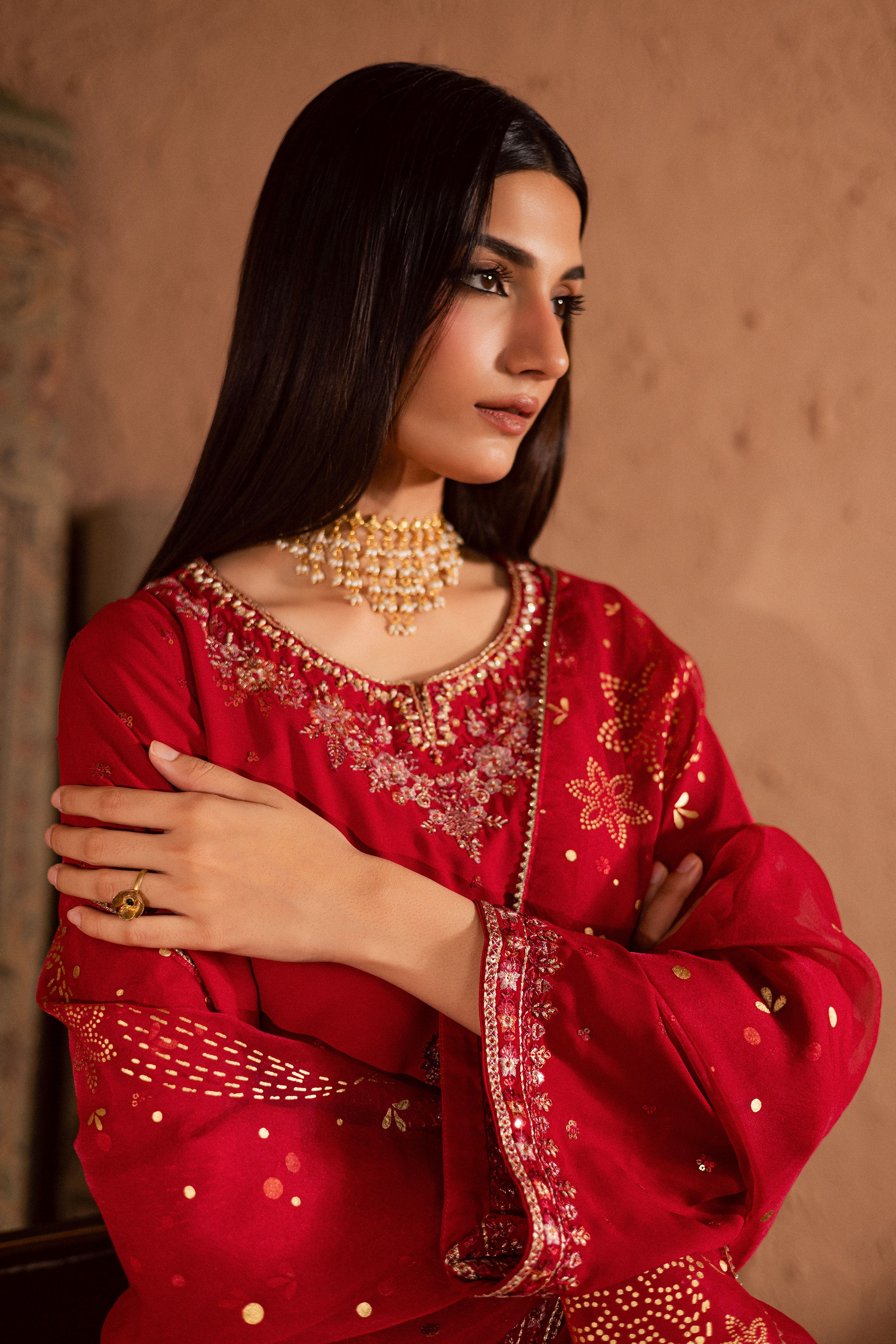 Corly 3Pc- Festive Luxe Pret BATIKSTUDIO2025 BATIK S / Red / Georgette-M / Red / Georgette-L / Red / Georgette
