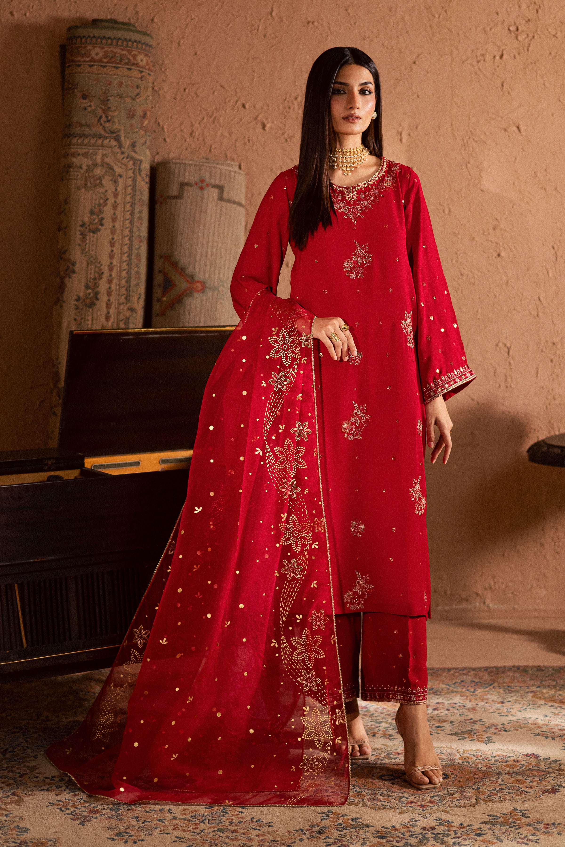 Corly 3Pc- Festive Luxe Pret BATIKSTUDIO2025 BATIK S / Red / Georgette-M / Red / Georgette-L / Red / Georgette