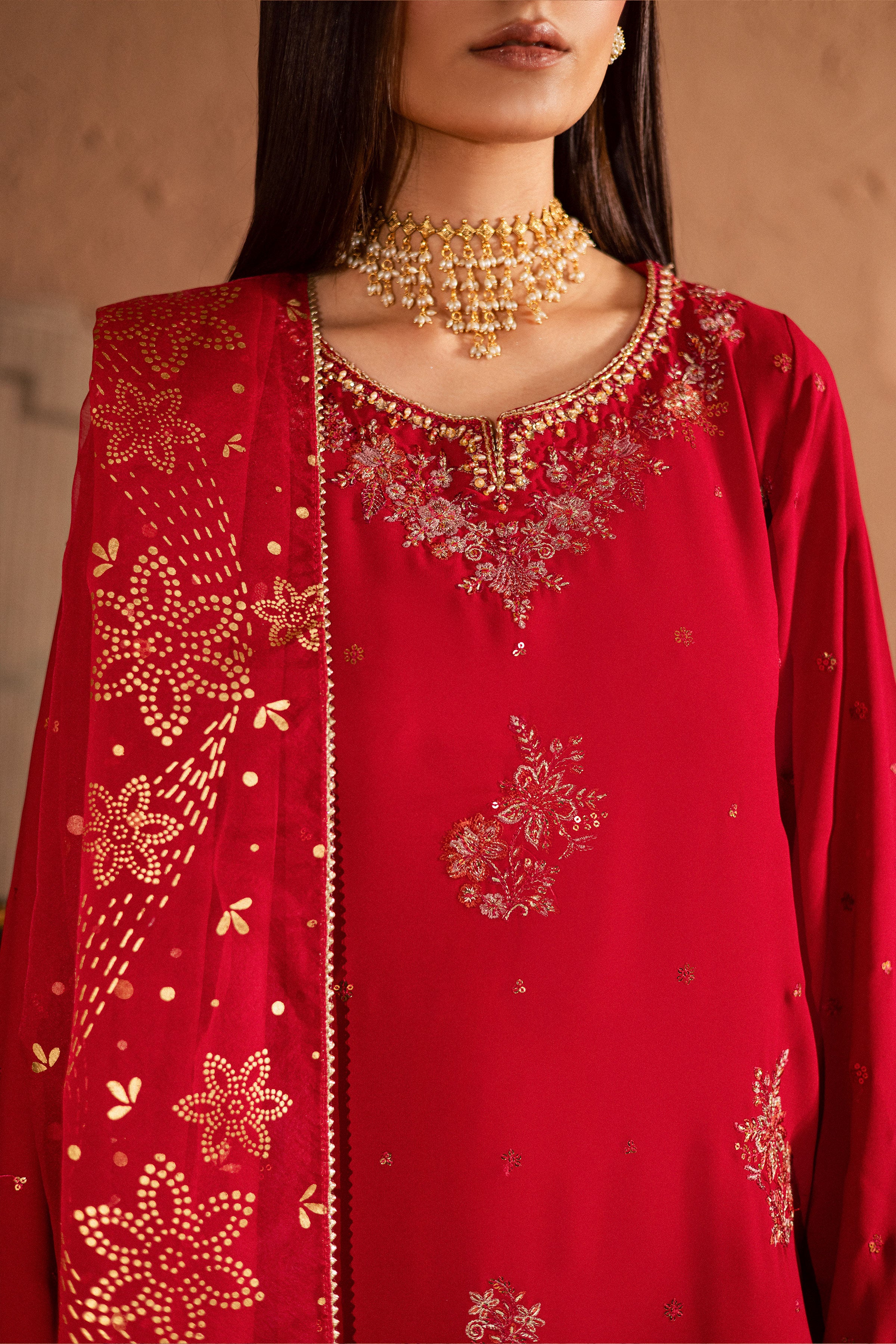 Corly 3Pc- Festive Luxe Pret BATIKSTUDIO2025 BATIK S / Red / Georgette-M / Red / Georgette-L / Red / Georgette