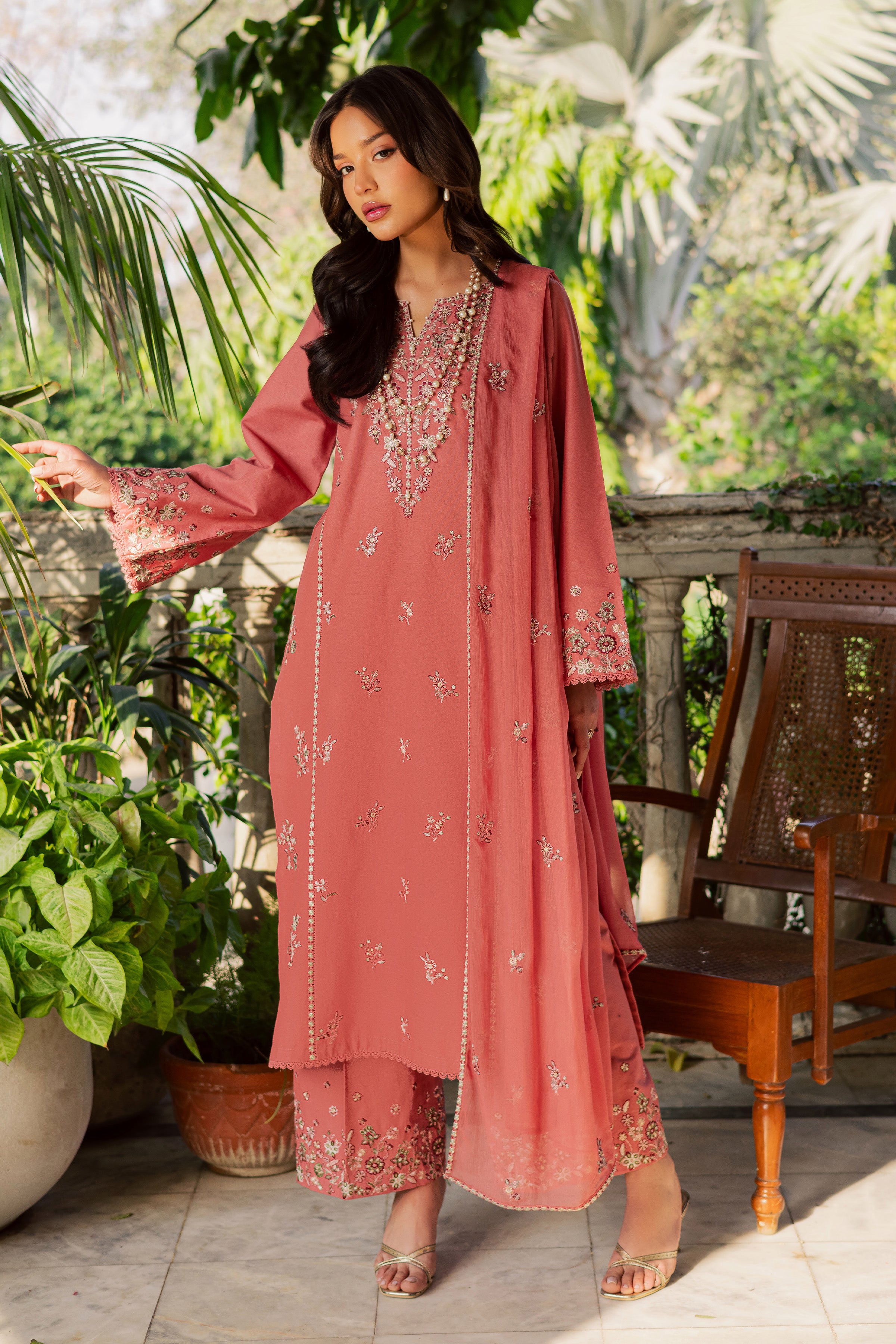 Crust 3Pc - Embroidered Khaddar Dress BATIK WINTER PRET 2025 BATIK XS / Coral / Khaddar-S / Coral / Khaddar-M / Coral / Khaddar-L / Coral / Khaddar-XL / Coral / Khaddar