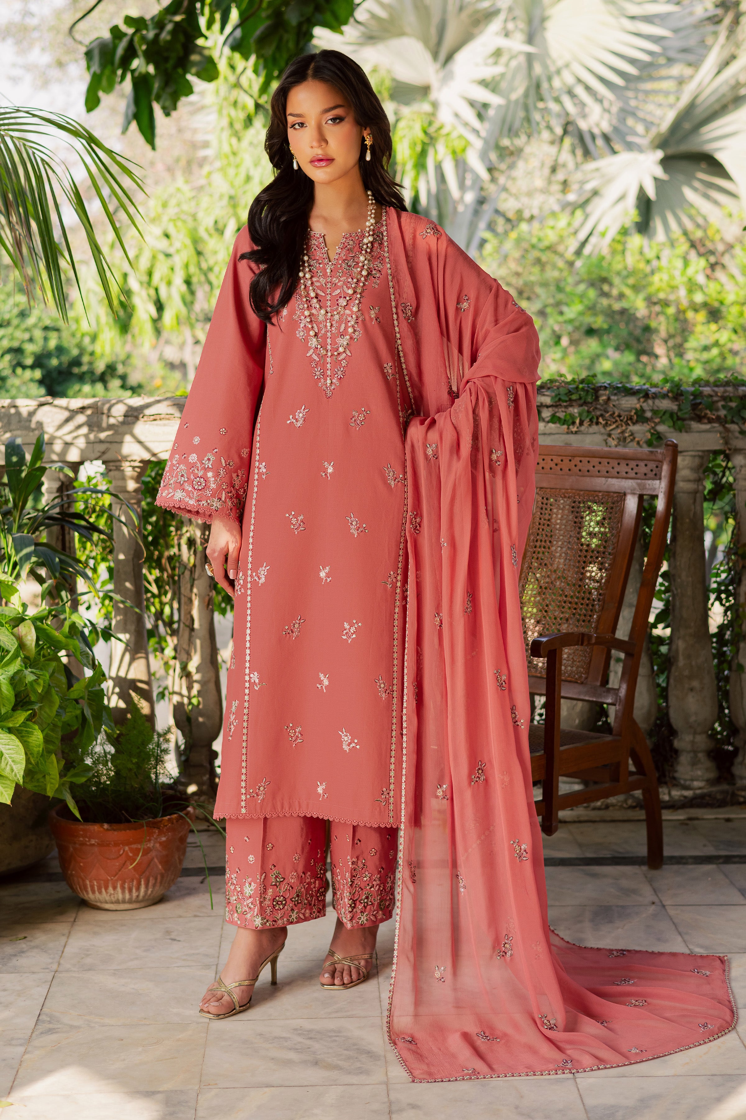 Crust 3Pc - Embroidered Khaddar Dress BATIK WINTER PRET 2025 BATIK XS / Coral / Khaddar-S / Coral / Khaddar-M / Coral / Khaddar-L / Coral / Khaddar-XL / Coral / Khaddar
