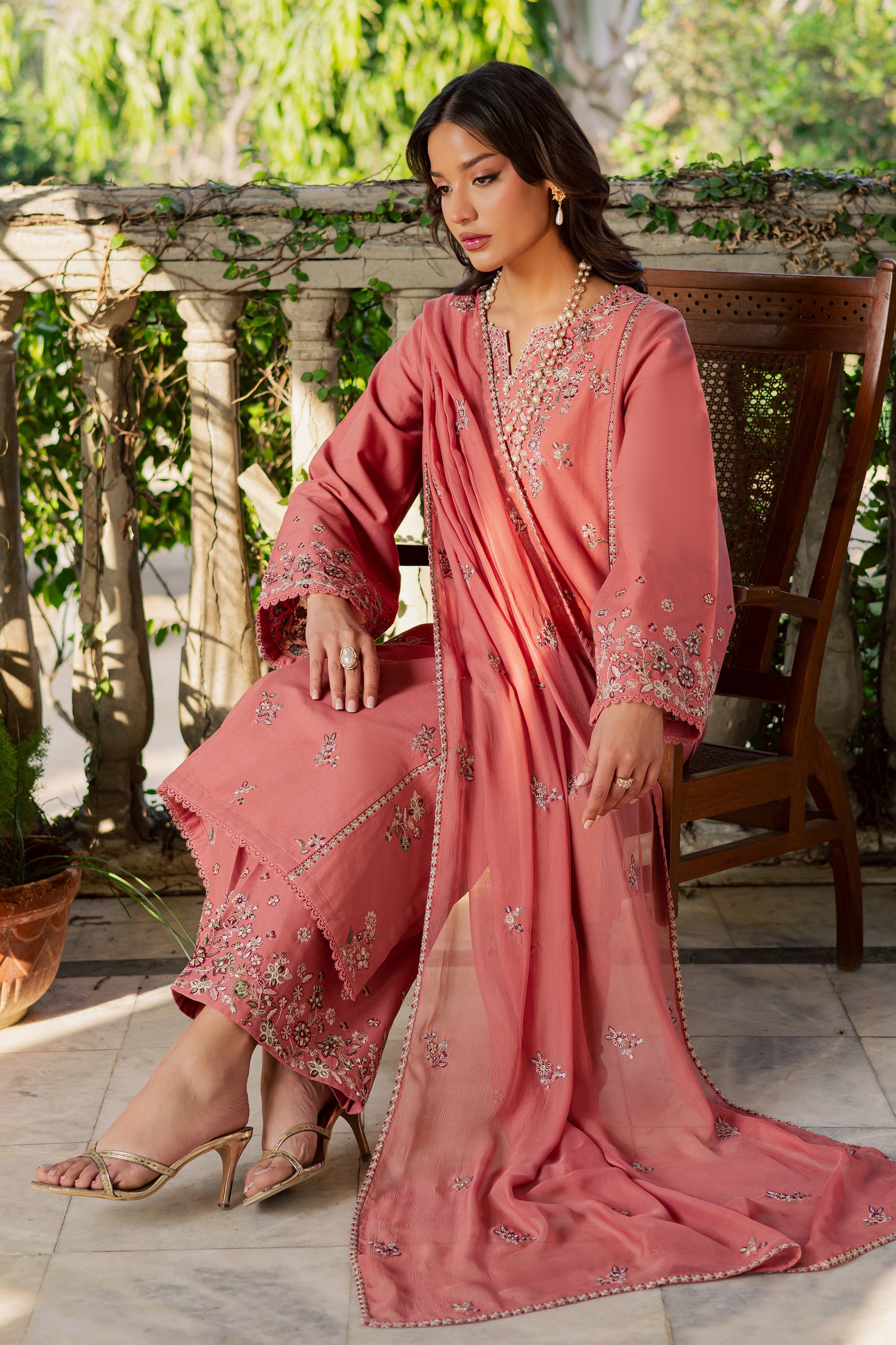 Crust 3Pc - Embroidered Khaddar Dress BATIK WINTER PRET 2025 BATIK XS / Coral / Khaddar-S / Coral / Khaddar-M / Coral / Khaddar-L / Coral / Khaddar-XL / Coral / Khaddar