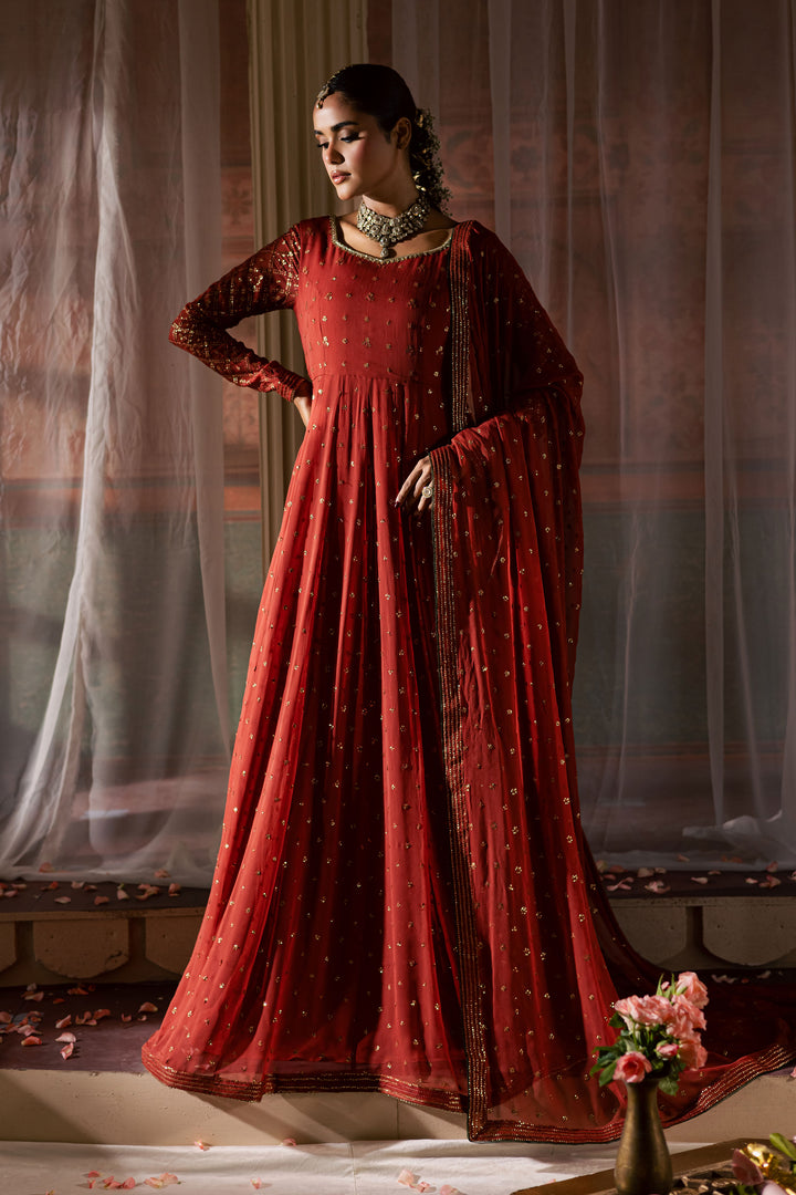 Crusteez 3Pc - Chiffon Wedding Frock BATIKLuxePRET2025  BATIK   S / Rust / Chiffon & Raw Silk-M / Rust / Chiffon & Raw Silk-L / Rust / Chiffon & Raw Silk