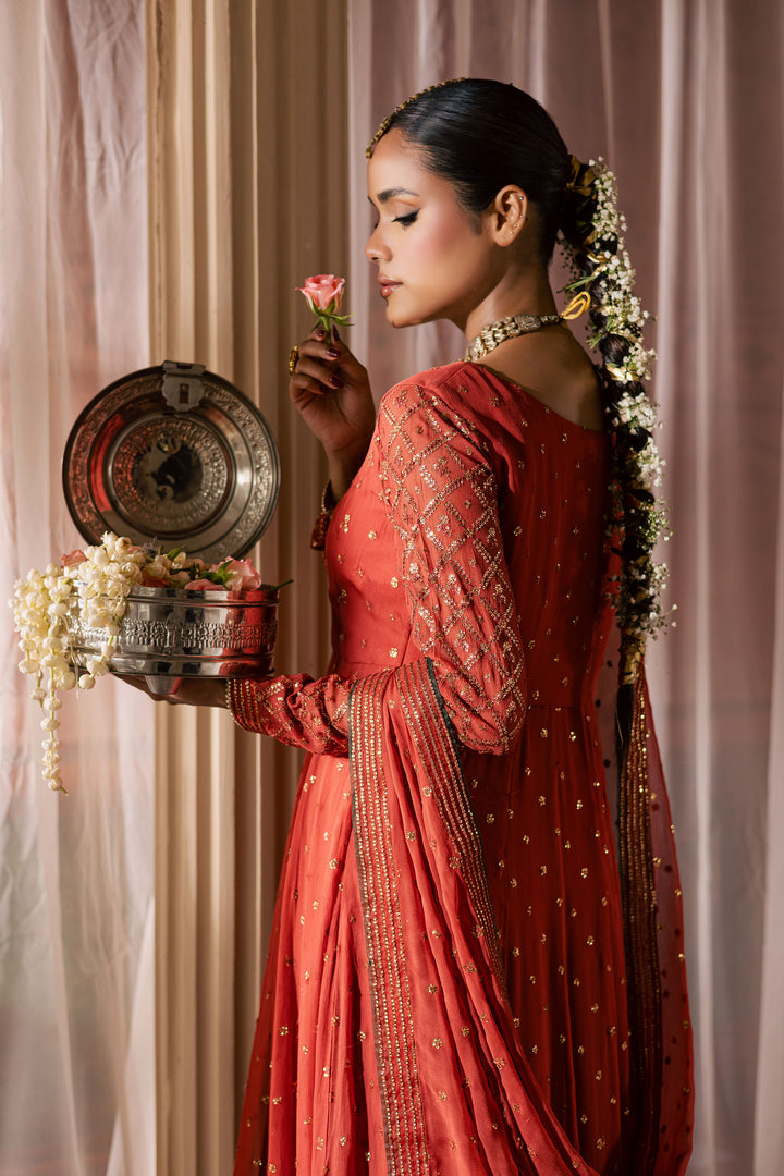 Crusteez 3Pc - Chiffon Wedding Frock BATIKLuxePRET2025  BATIK   S / Rust / Chiffon & Raw Silk-M / Rust / Chiffon & Raw Silk-L / Rust / Chiffon & Raw Silk