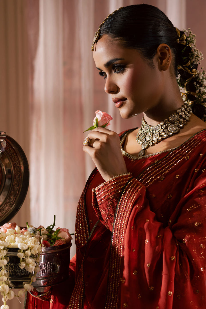 Crusteez 3Pc - Chiffon Wedding Frock BATIKLuxePRET2025  BATIK   S / Rust / Chiffon & Raw Silk-M / Rust / Chiffon & Raw Silk-L / Rust / Chiffon & Raw Silk