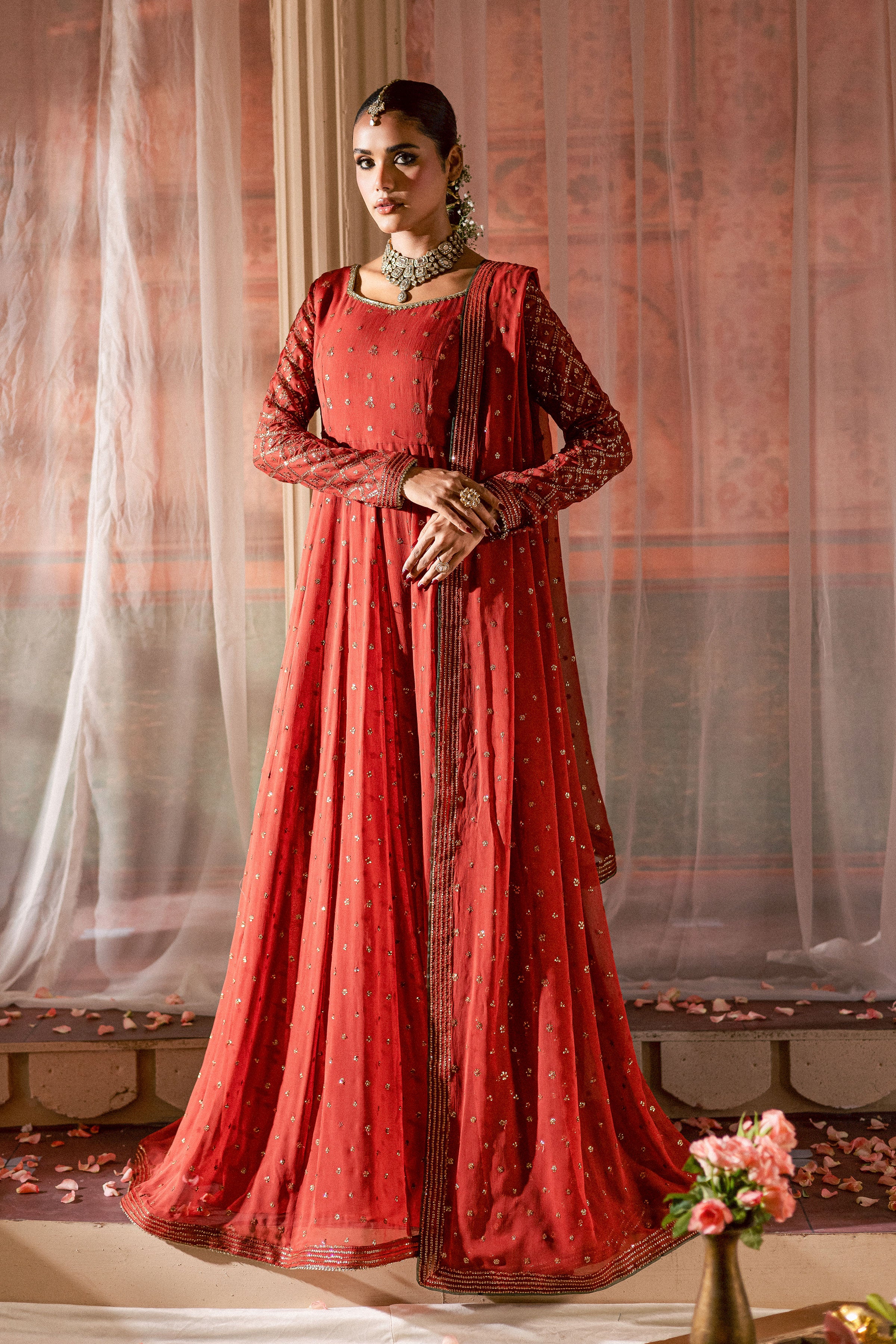Crusteez 3Pc - Chiffon Wedding Frock BATIKLuxePRET2025 BATIK S / Rust / Chiffon & Raw Silk-M / Rust / Chiffon & Raw Silk-L / Rust / Chiffon & Raw Silk
