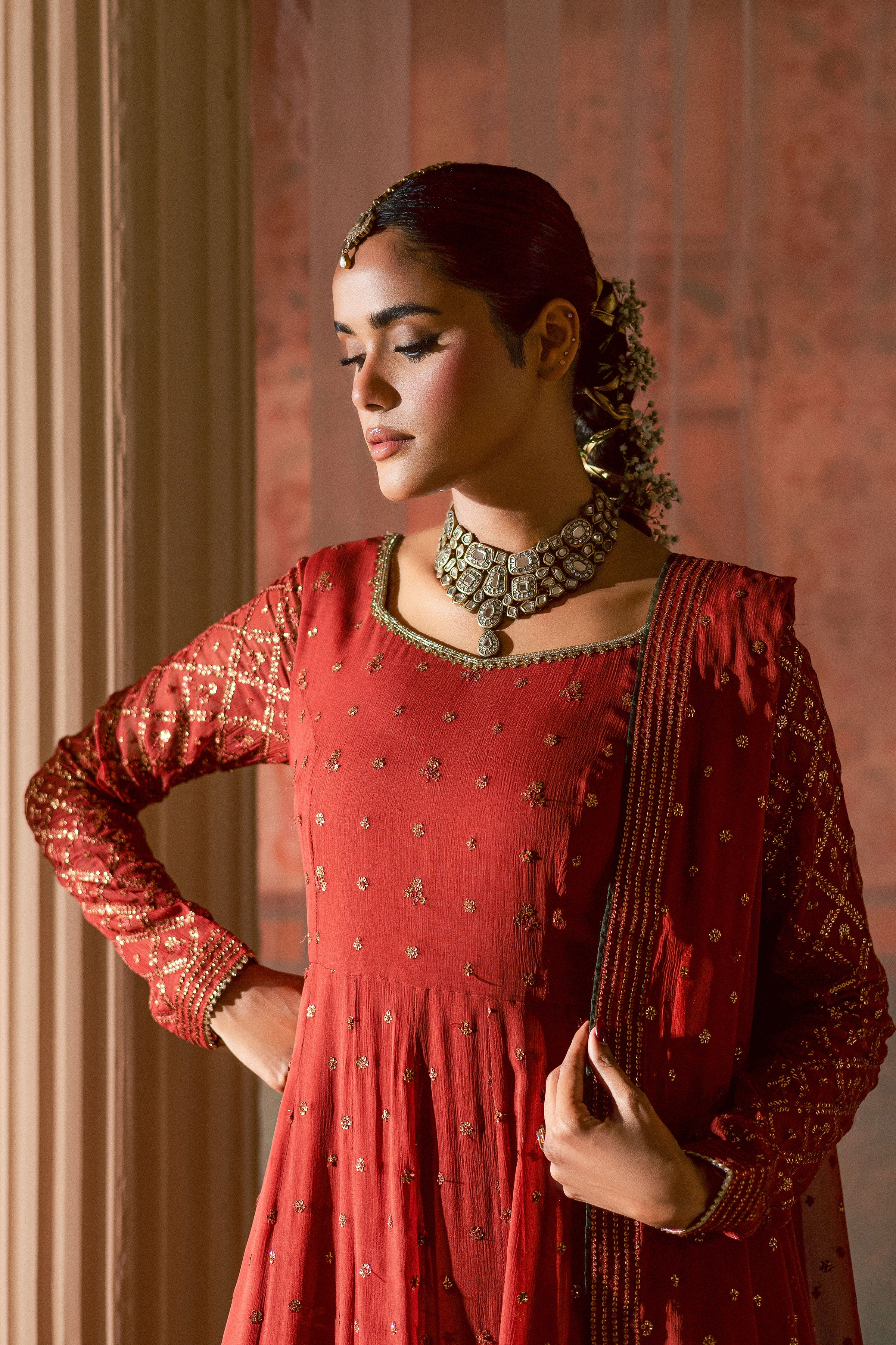 Crusteez 3Pc - Chiffon Wedding Frock BATIKLuxePRET2025 BATIK S / Rust / Chiffon & Raw Silk-M / Rust / Chiffon & Raw Silk-L / Rust / Chiffon & Raw Silk