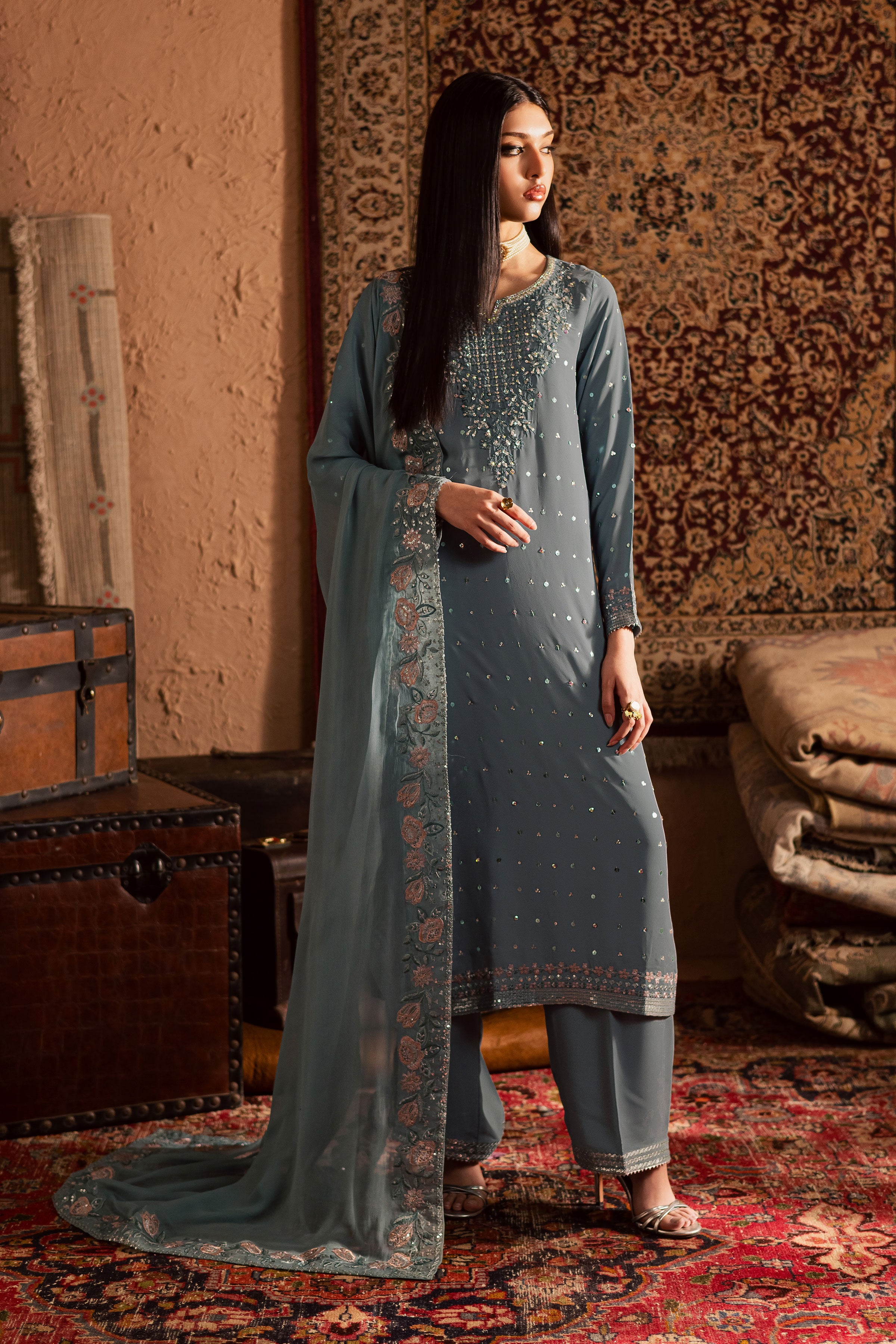 Daisy 3Pc - Festive Luxe Pret BATIKSTUDIO2025 BATIK S / Powder / Georgette-M / Powder / Georgette-L / Powder / Georgette