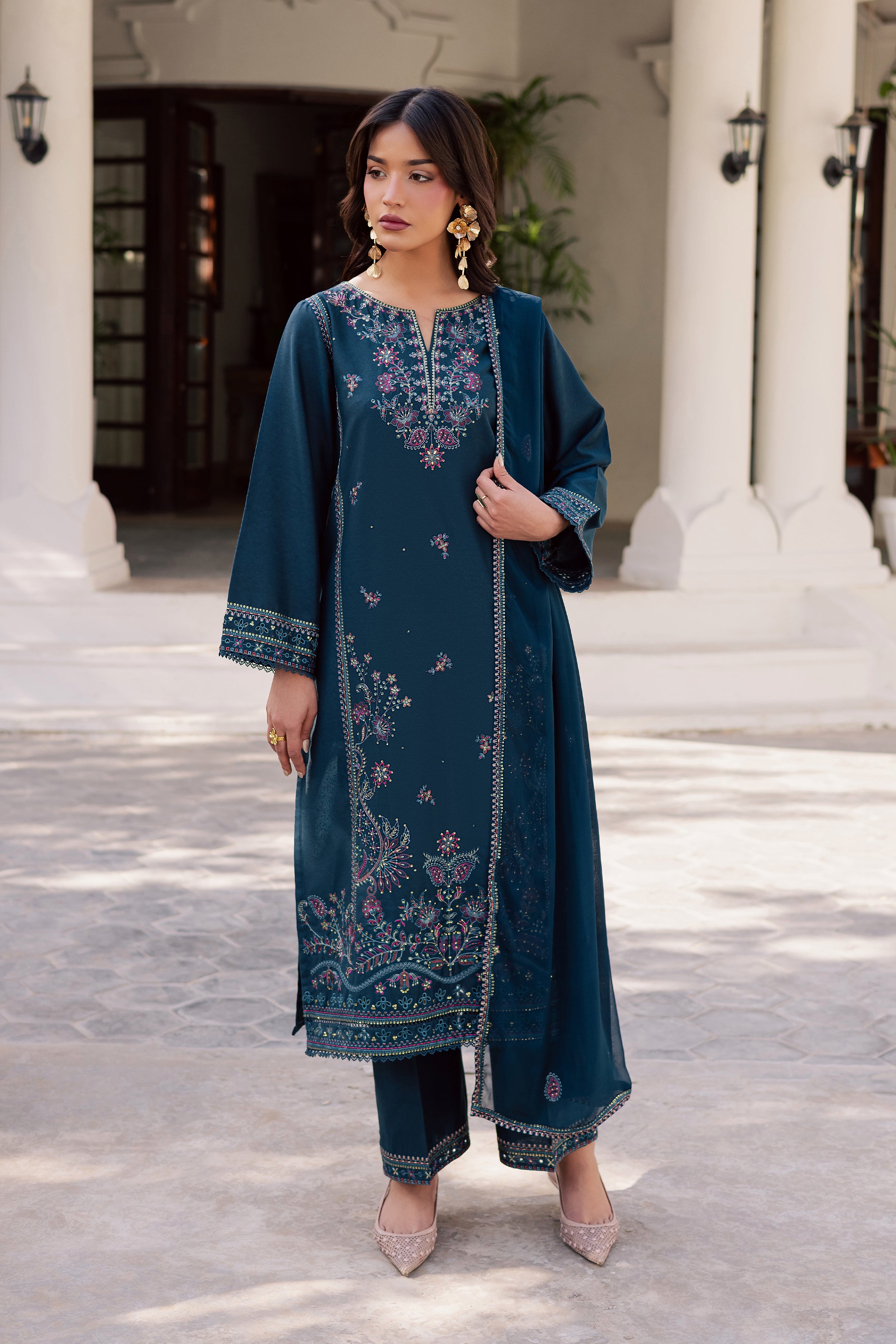 Dark Aqua 3Pc - Embroidered Karandi Dress BATIK WINTER PRET 2025 BATIK XS / Deep Teal / Karandi-S / Deep Teal / Karandi-M / Deep Teal / Karandi-L / Deep Teal / Karandi-XL / Deep Teal / Karandi