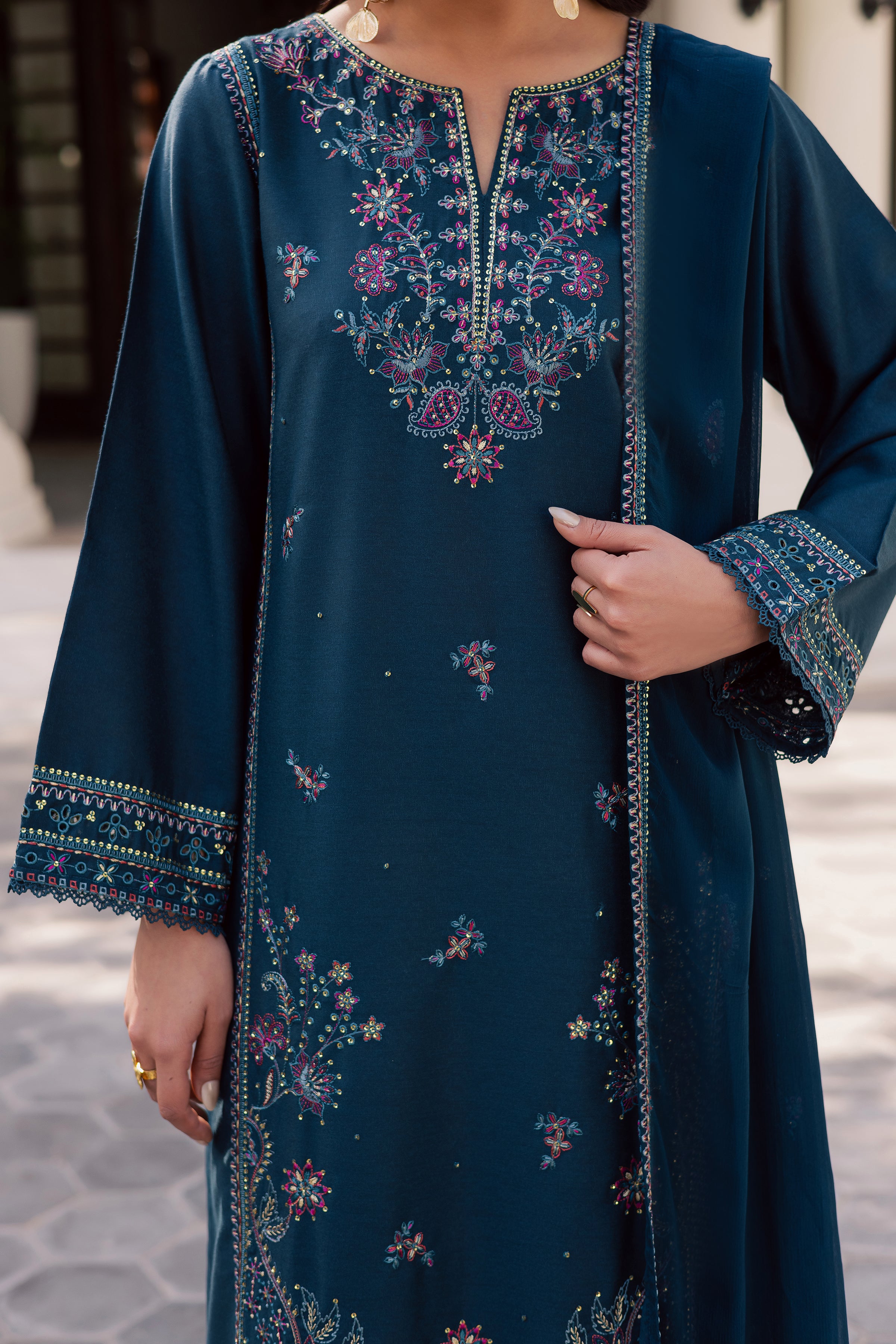 Dark Aqua 3Pc - Embroidered Karandi Dress BATIK WINTER PRET 2025 BATIK XS / Deep Teal / Karandi-S / Deep Teal / Karandi-M / Deep Teal / Karandi-L / Deep Teal / Karandi-XL / Deep Teal / Karandi