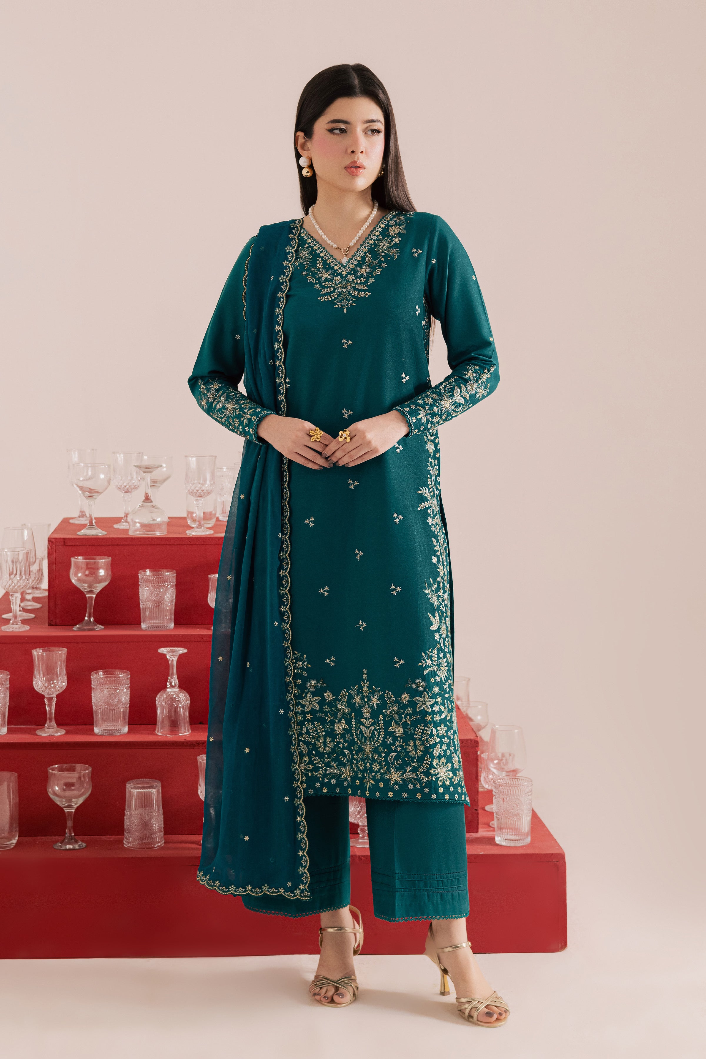 Dark Forest 3Pc - Embroidered Khaddar Dress BATIK WINTER PRET 2025 BATIK XS / Shaded Spruce / Khaddar-S / Shaded Spruce / Khaddar-M / Shaded Spruce / Khaddar-L / Shaded Spruce / Khaddar-XL / Shaded Spruce / Khaddar
