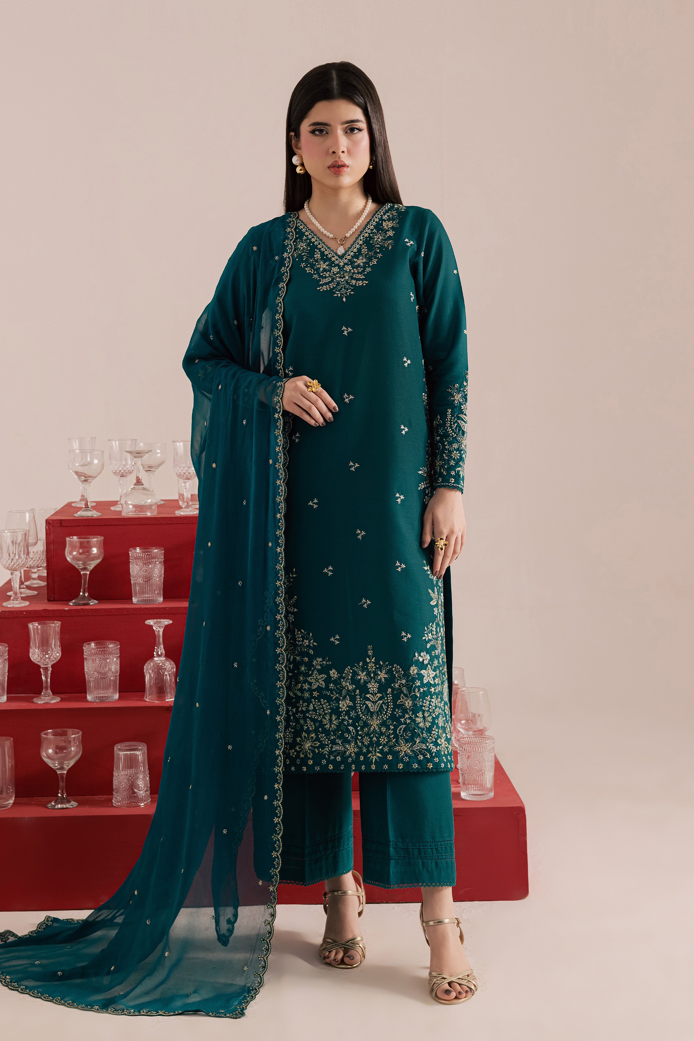 Dark Forest 3Pc - Embroidered Khaddar Dress BATIK WINTER PRET 2025 BATIK XS / Shaded Spruce / Khaddar-S / Shaded Spruce / Khaddar-M / Shaded Spruce / Khaddar-L / Shaded Spruce / Khaddar-XL / Shaded Spruce / Khaddar