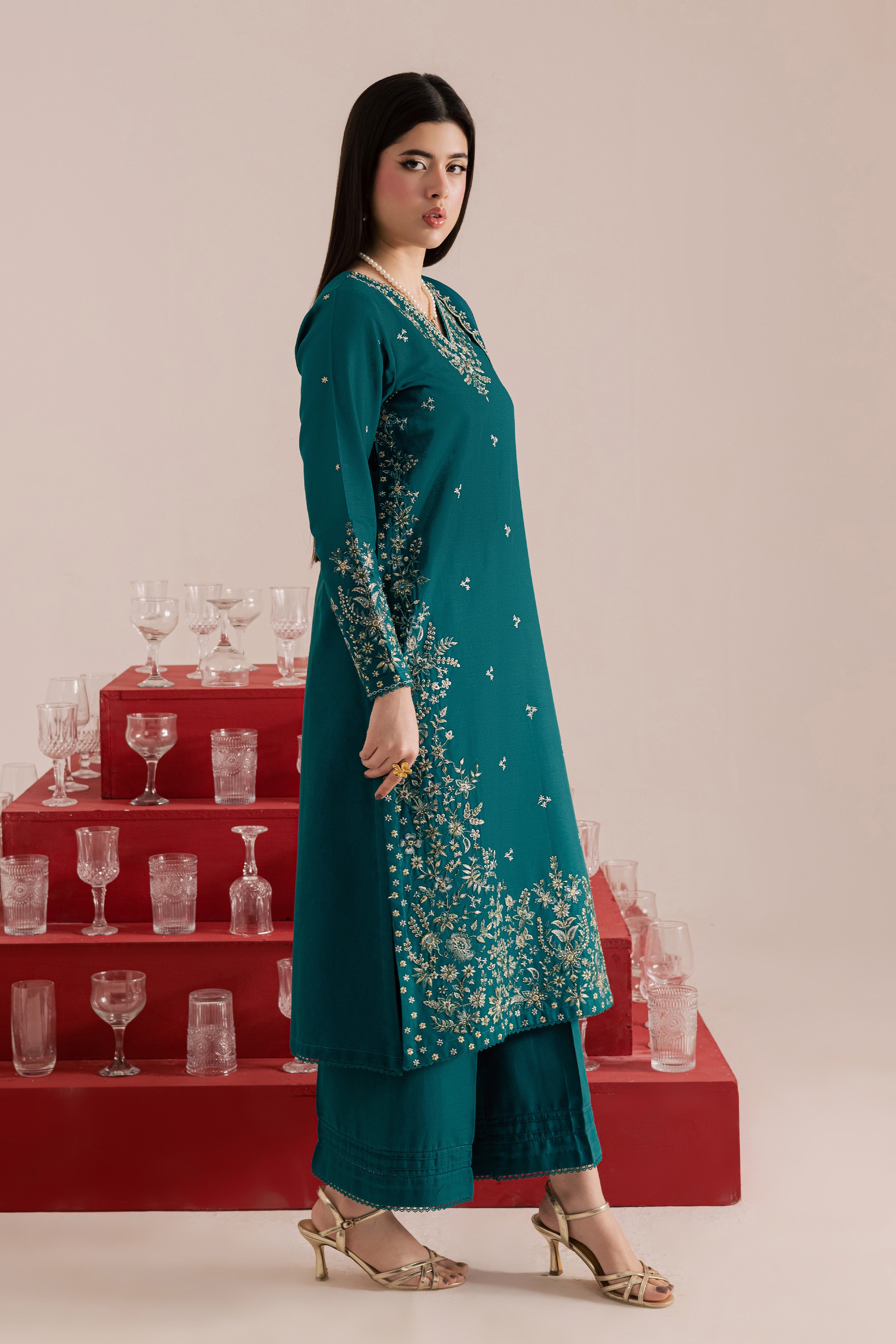 Dark Forest 3Pc - Embroidered Khaddar Dress BATIK WINTER PRET 2025 BATIK XS / Shaded Spruce / Khaddar-S / Shaded Spruce / Khaddar-M / Shaded Spruce / Khaddar-L / Shaded Spruce / Khaddar-XL / Shaded Spruce / Khaddar