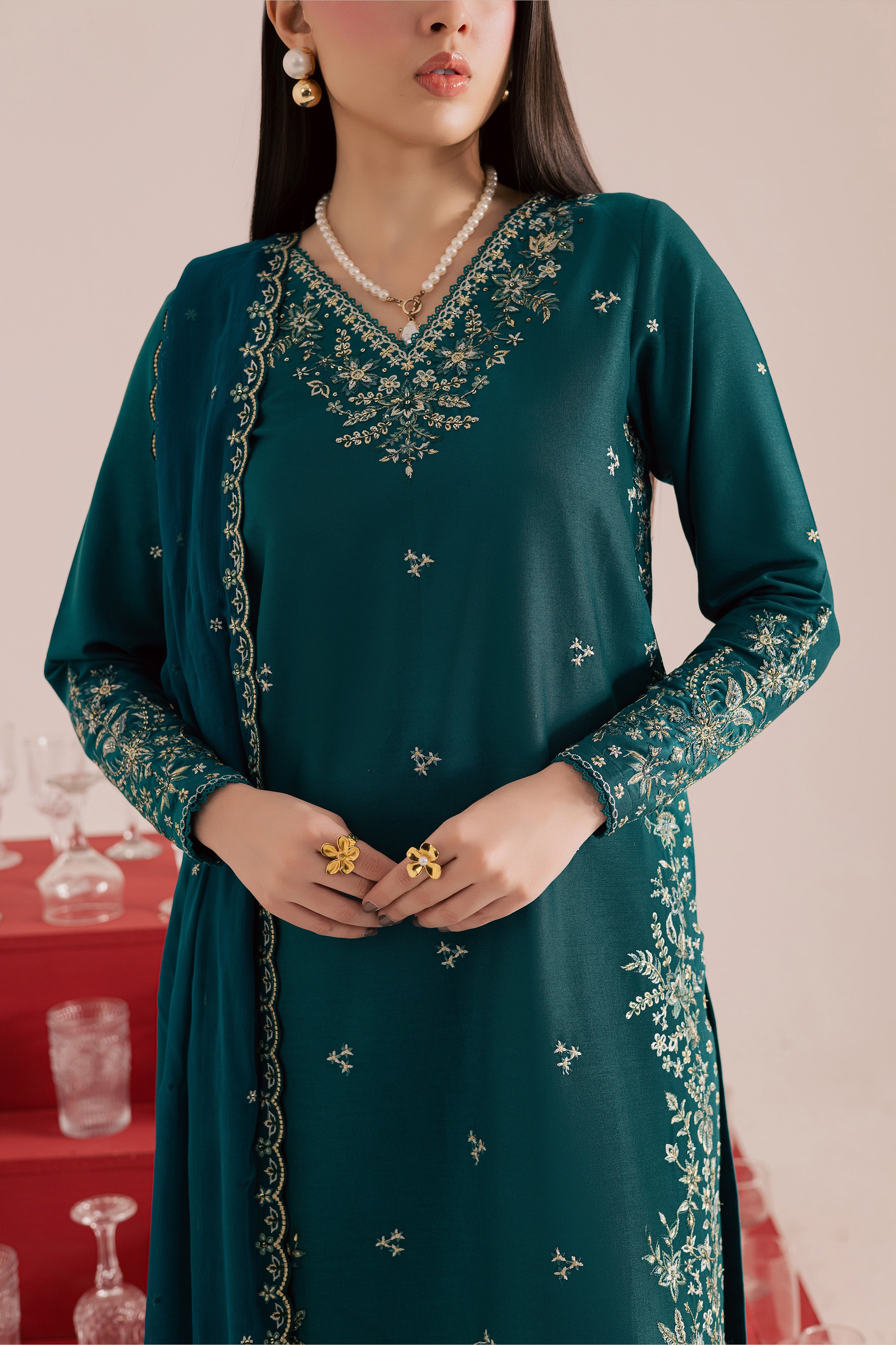 Dark Forest 3Pc - Embroidered Khaddar Dress BATIK WINTER PRET 2025 BATIK XS / Shaded Spruce / Khaddar-S / Shaded Spruce / Khaddar-M / Shaded Spruce / Khaddar-L / Shaded Spruce / Khaddar-XL / Shaded Spruce / Khaddar