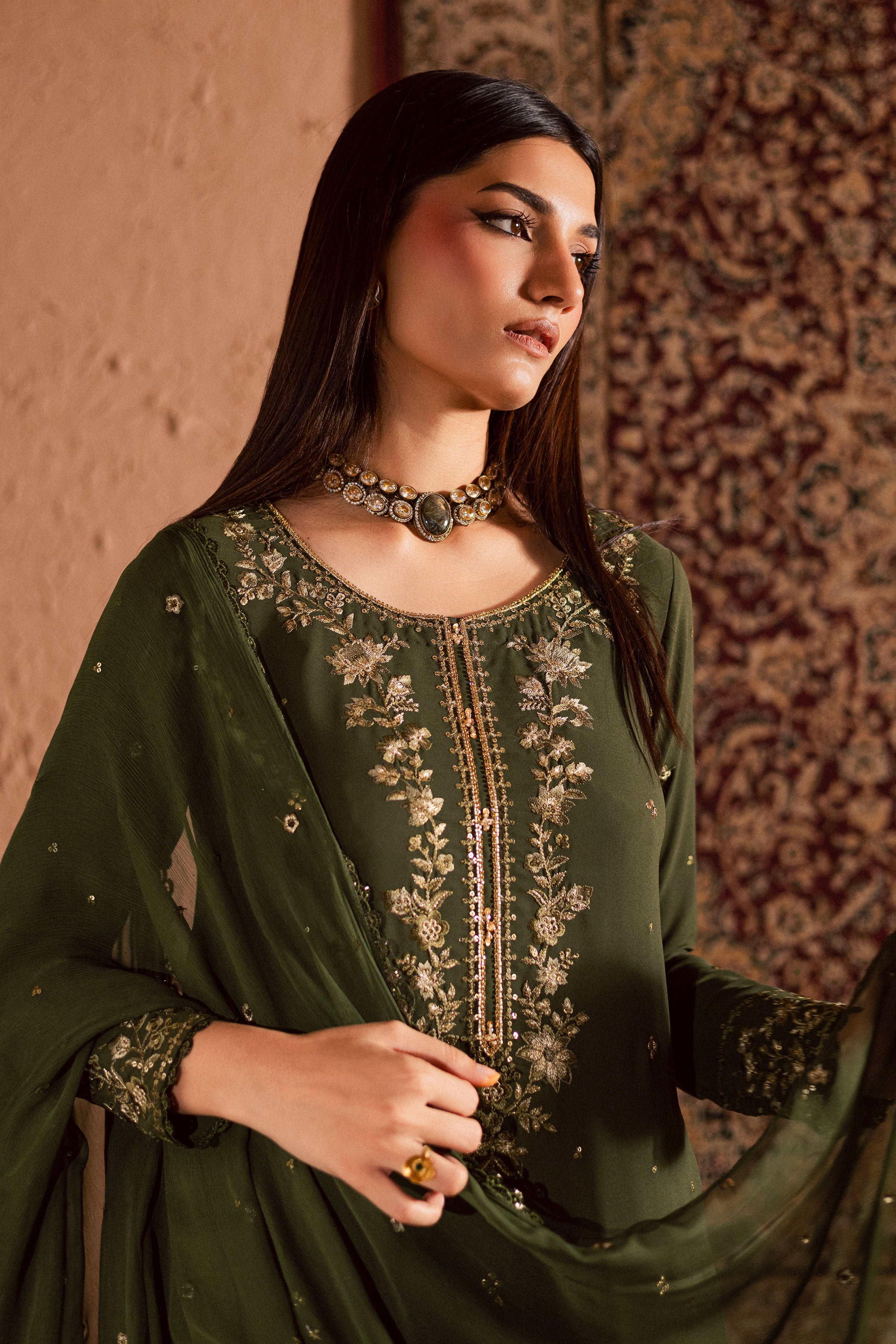 Dark Jade 3Pc- Festive Luxe Pret BATIKSTUDIO2025 BATIK S / Mehndi Green / Georgette-M / Mehndi Green / Georgette-L / Mehndi Green / Georgette