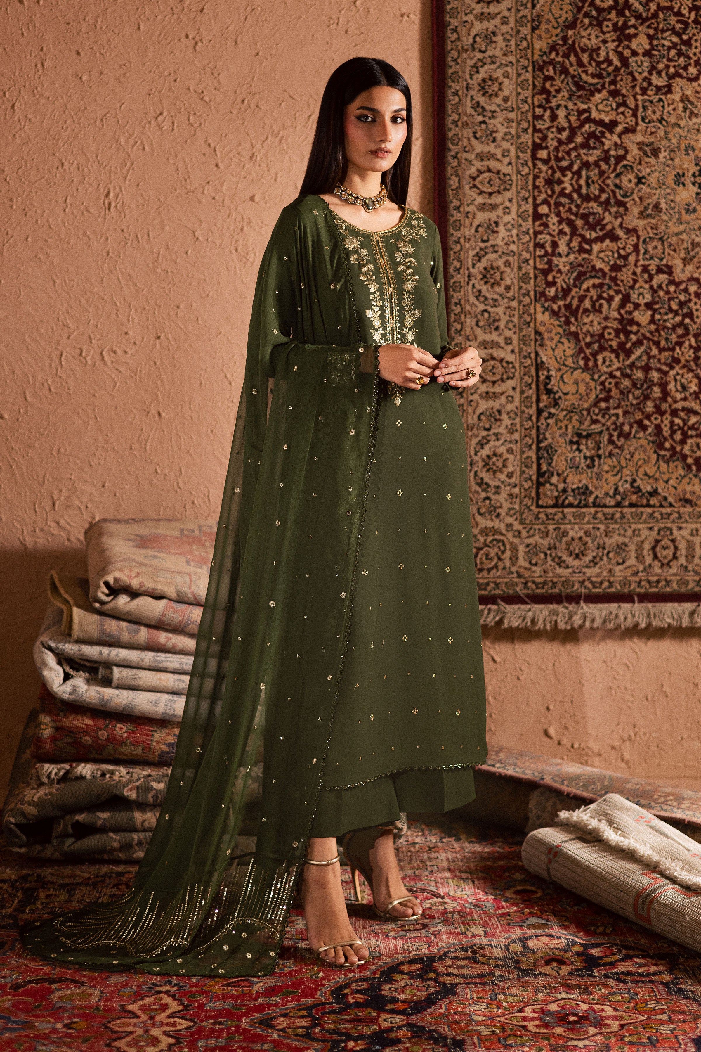 Dark Jade 3Pc- Festive Luxe Pret BATIKSTUDIO2025 BATIK S / Mehndi Green / Georgette-M / Mehndi Green / Georgette-L / Mehndi Green / Georgette
