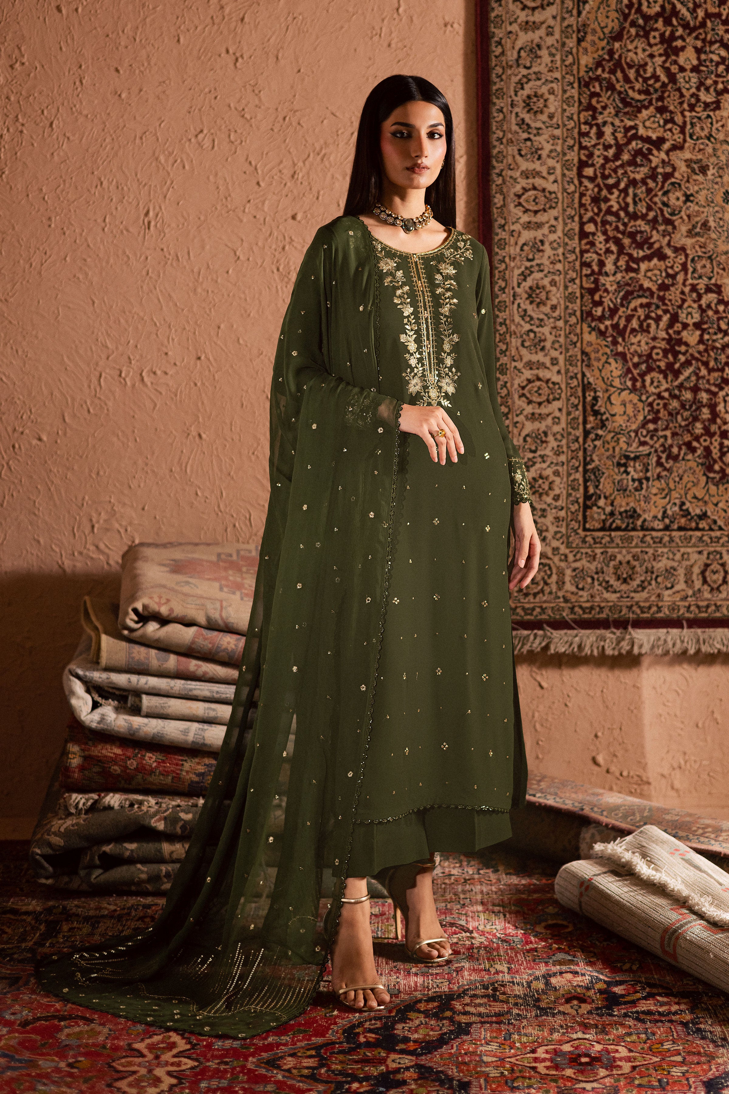 Dark Jade 3Pc- Festive Luxe Pret BATIKSTUDIO2025 BATIK S / Mehndi Green / Georgette-M / Mehndi Green / Georgette-L / Mehndi Green / Georgette
