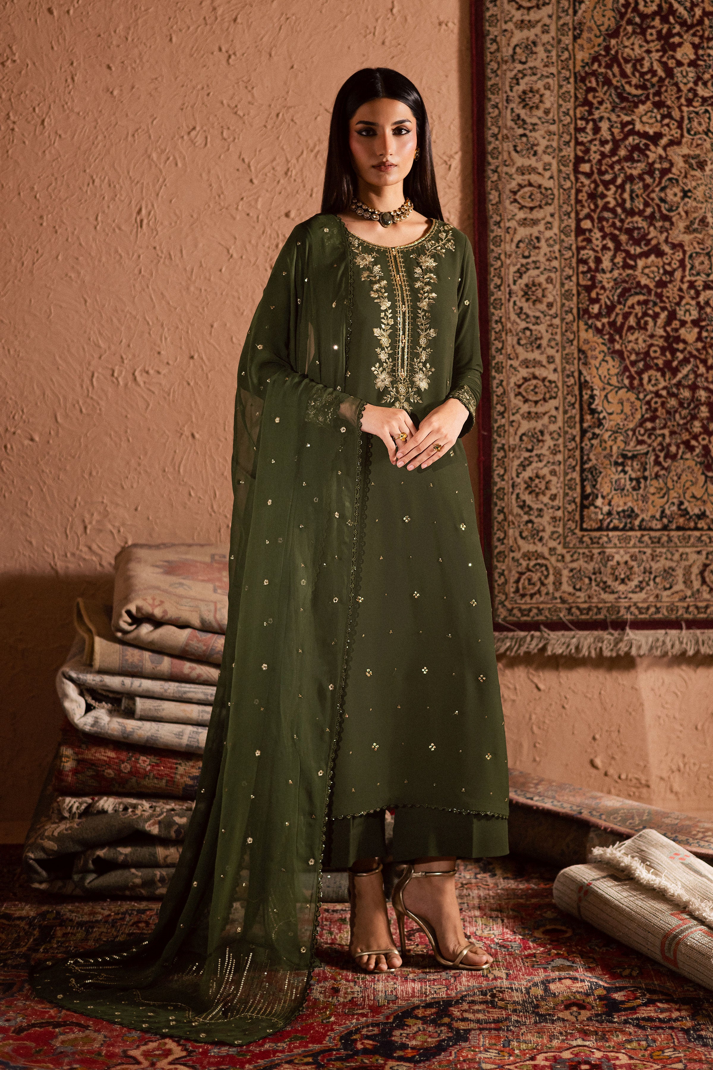 Dark Jade 3Pc- Festive Luxe Pret BATIKSTUDIO2025 BATIK S / Mehndi Green / Georgette-M / Mehndi Green / Georgette-L / Mehndi Green / Georgette