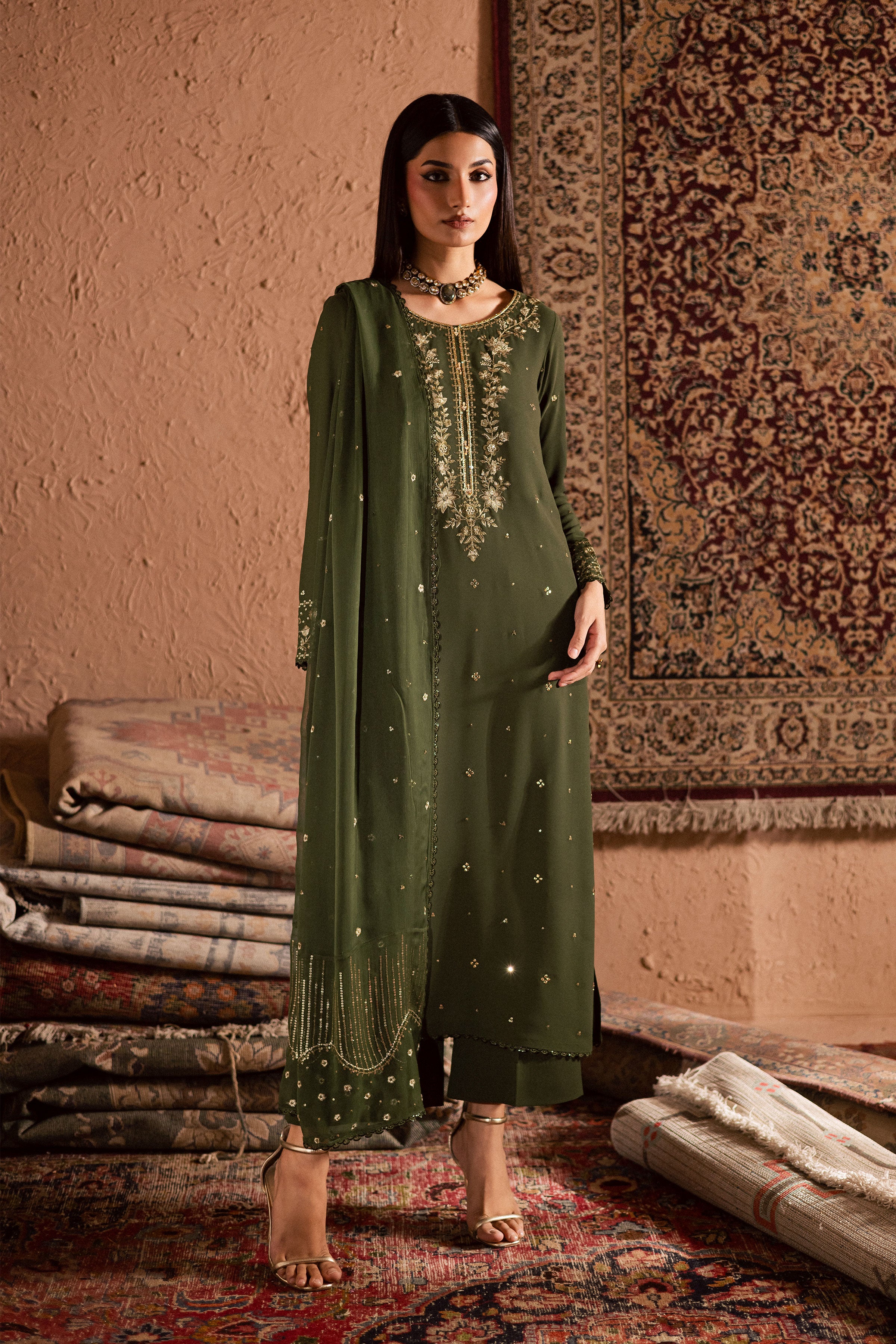 Dark Jade 3Pc- Festive Luxe Pret BATIKSTUDIO2025 BATIK S / Mehndi Green / Georgette-M / Mehndi Green / Georgette-L / Mehndi Green / Georgette