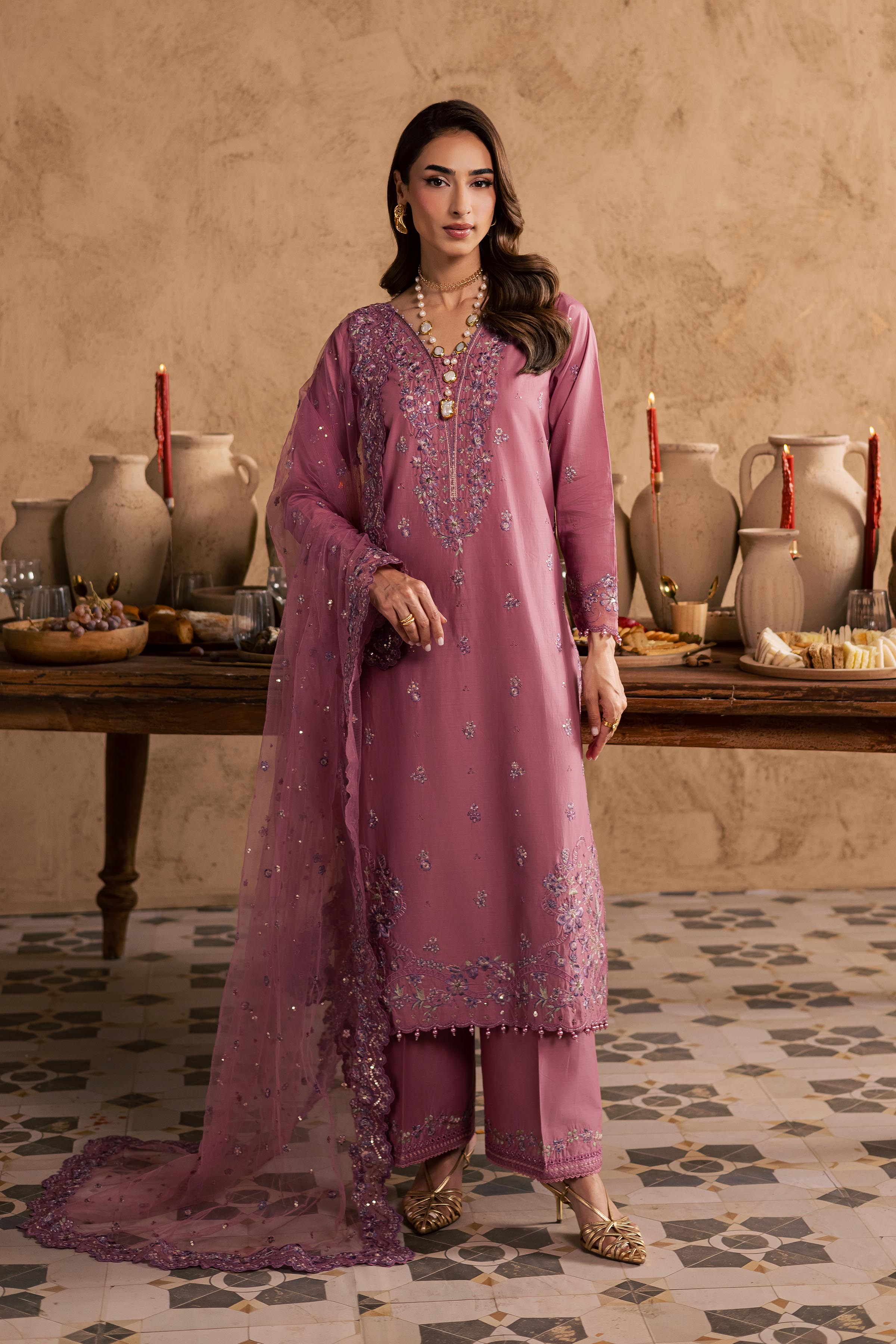 Dhinara 3Pc - Embroidered Festive Pret BATIKSS26 BATIK XS / Kashmiri Pink / Giza-S / Kashmiri Pink / Giza-M / Kashmiri Pink / Giza-L / Kashmiri Pink / Giza-XL / Kashmiri Pink / Giza
