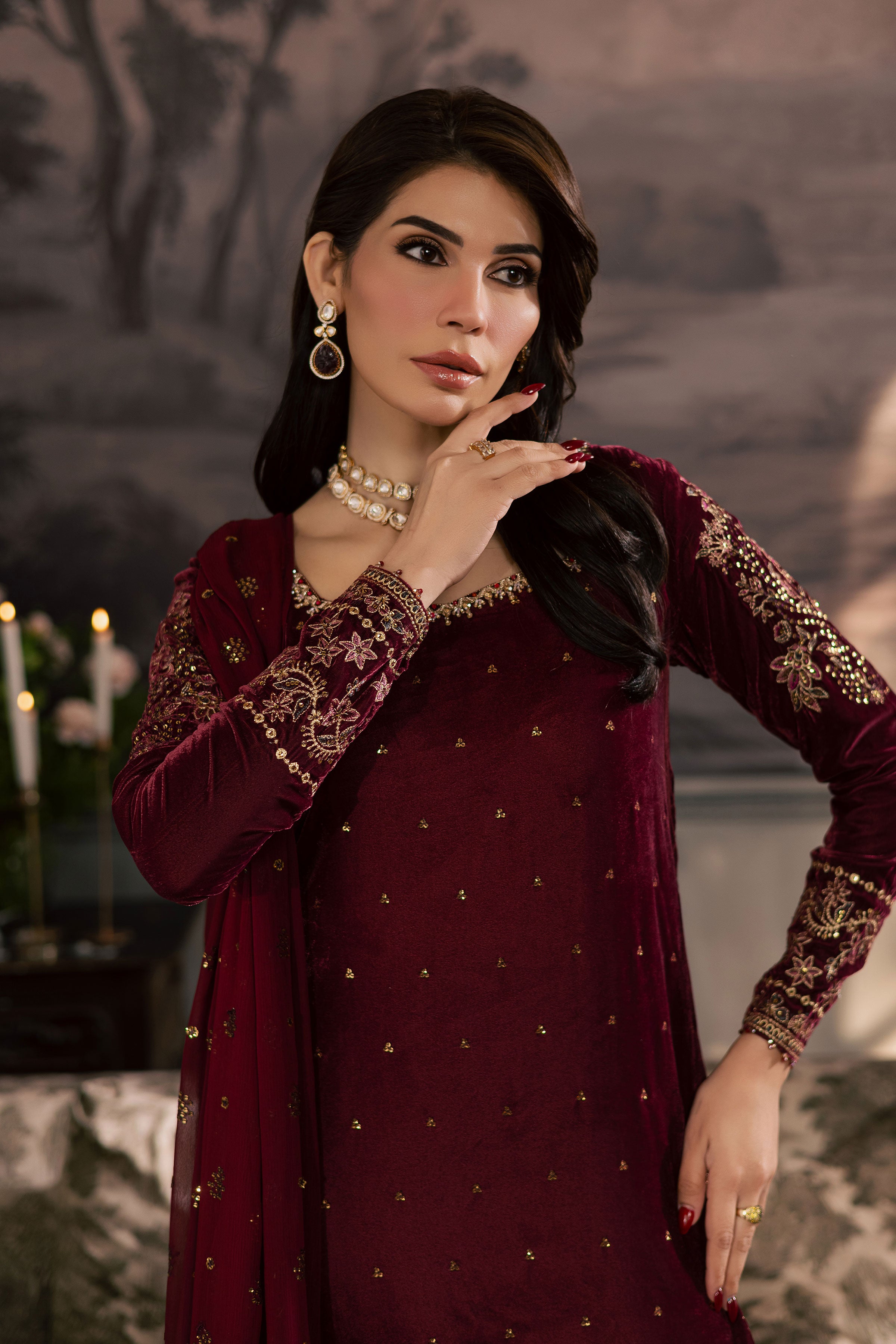 Dust Rose 3Pc - Velvet Luxe Pret BATIKLuxePRET2025 BATIK XS / Old Mauve / Velvet-S / Old Mauve / Velvet-M / Old Mauve / Velvet-L / Old Mauve / Velvet-XL / Old Mauve / Velvet