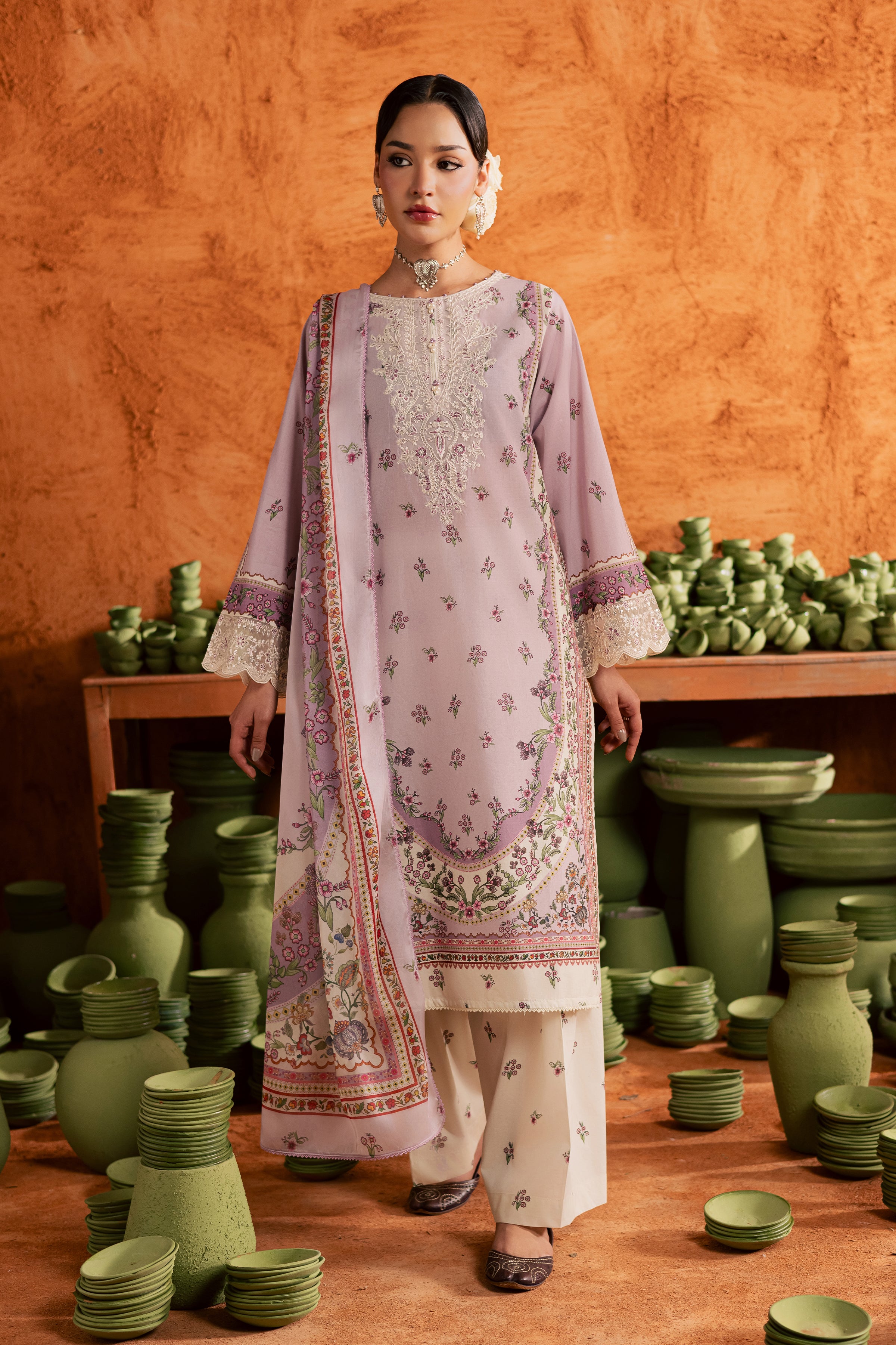 Dusty Plum 3Pc - Printed Lawn Dress BATIKEID2026 BATIK XS / Lilac / Lawn-S / Lilac / Lawn-M / Lilac / Lawn-L / Lilac / Lawn-XL / Lilac / Lawn