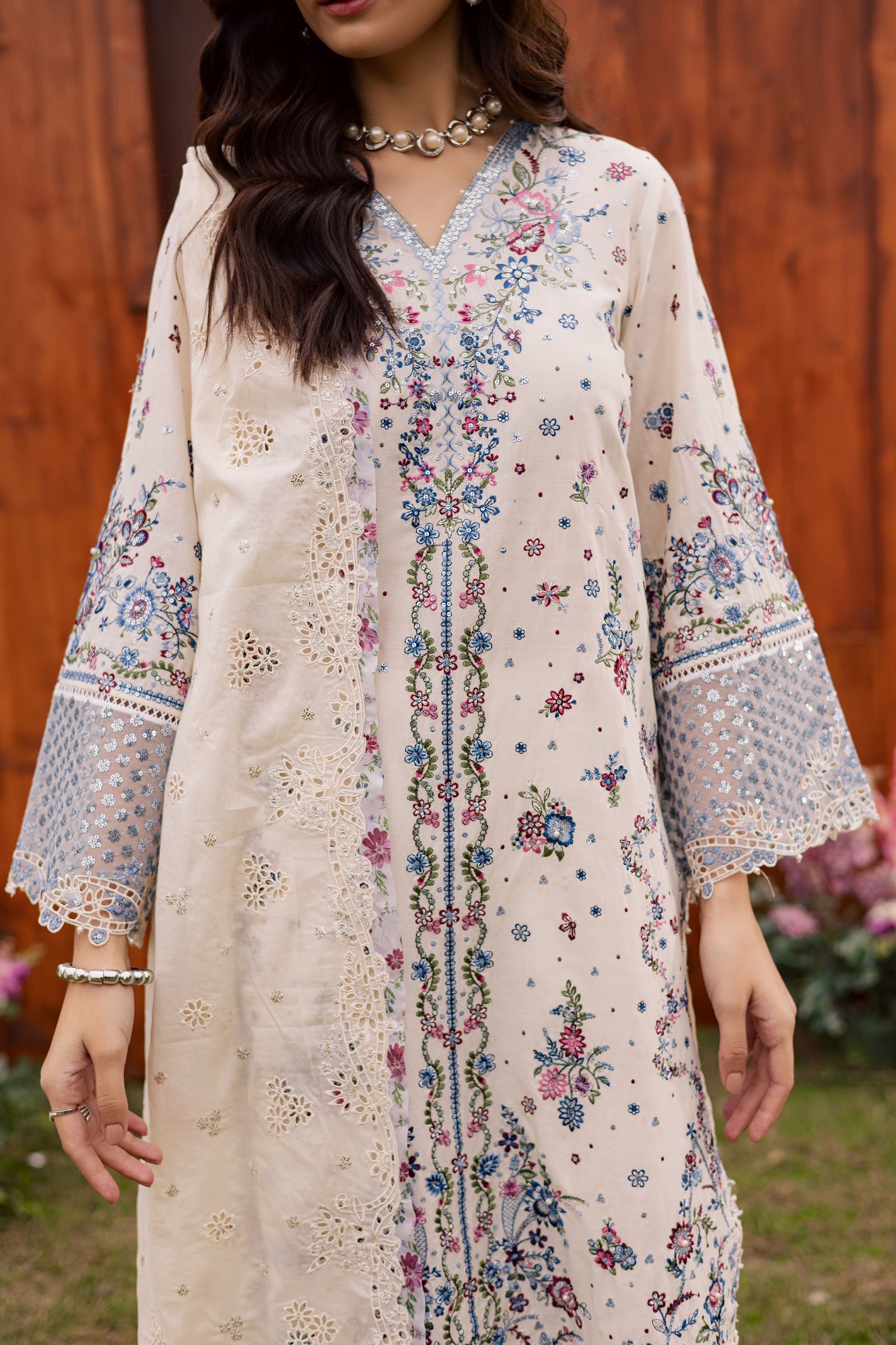 Ela Noor 3Pc - Festive Embroidered Lawn BATIKEID2026 BATIK XS / White Swan / Pima Lawn-S / White Swan / Pima Lawn-M / White Swan / Pima Lawn-L / White Swan / Pima Lawn-XL / White Swan / Pima Lawn