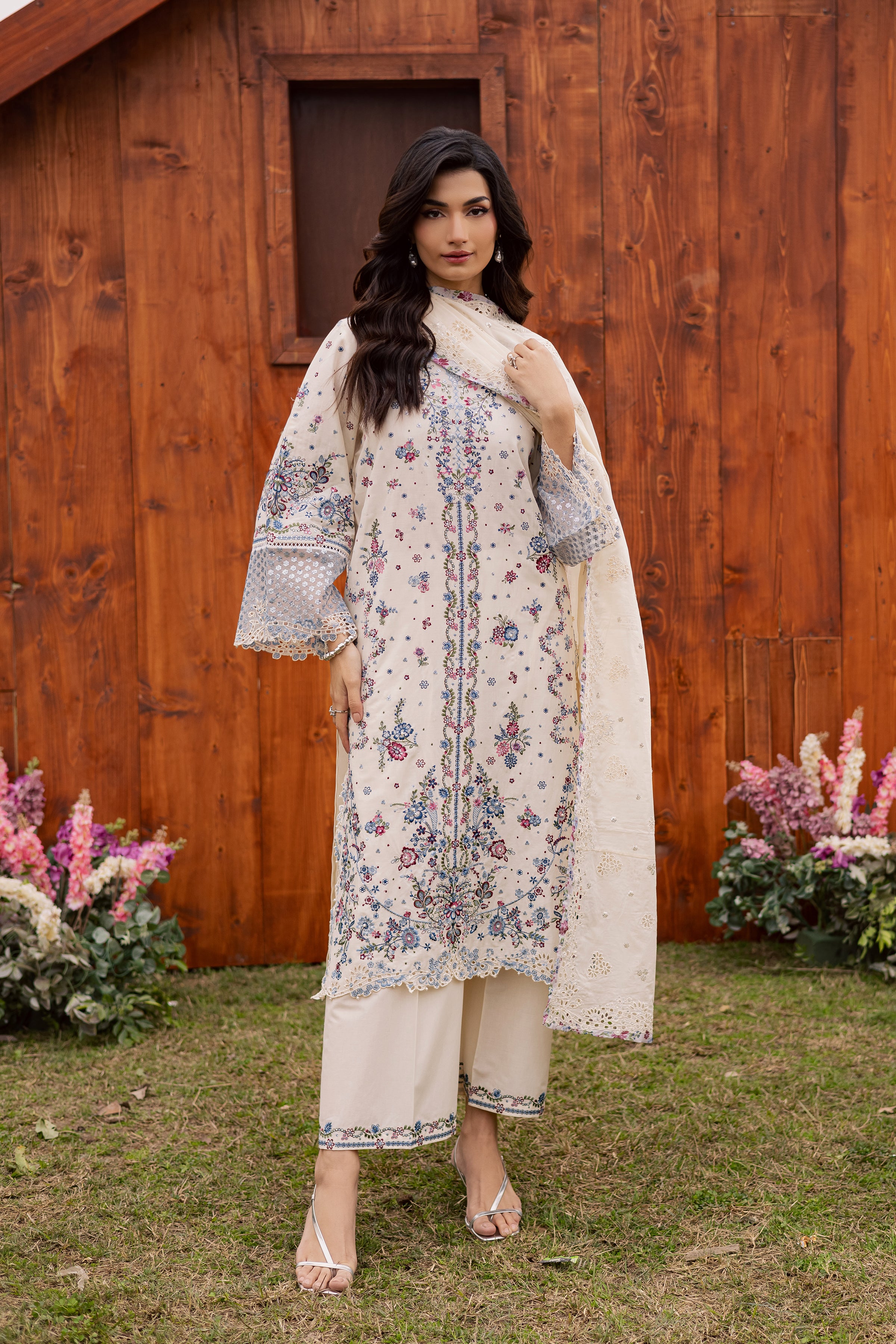 Ela Noor 3Pc - Festive Embroidered Lawn BATIKEID2026 BATIK XS / White Swan / Pima Lawn-S / White Swan / Pima Lawn-M / White Swan / Pima Lawn-L / White Swan / Pima Lawn-XL / White Swan / Pima Lawn